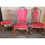 Three Victorian bedroom chairs all with matching upholstery and raised on cabriole legs [98cm high]