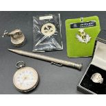 A Selection of silver hallmarked items and pewter brooch. The Lot Includes 935 Swiss silver fob