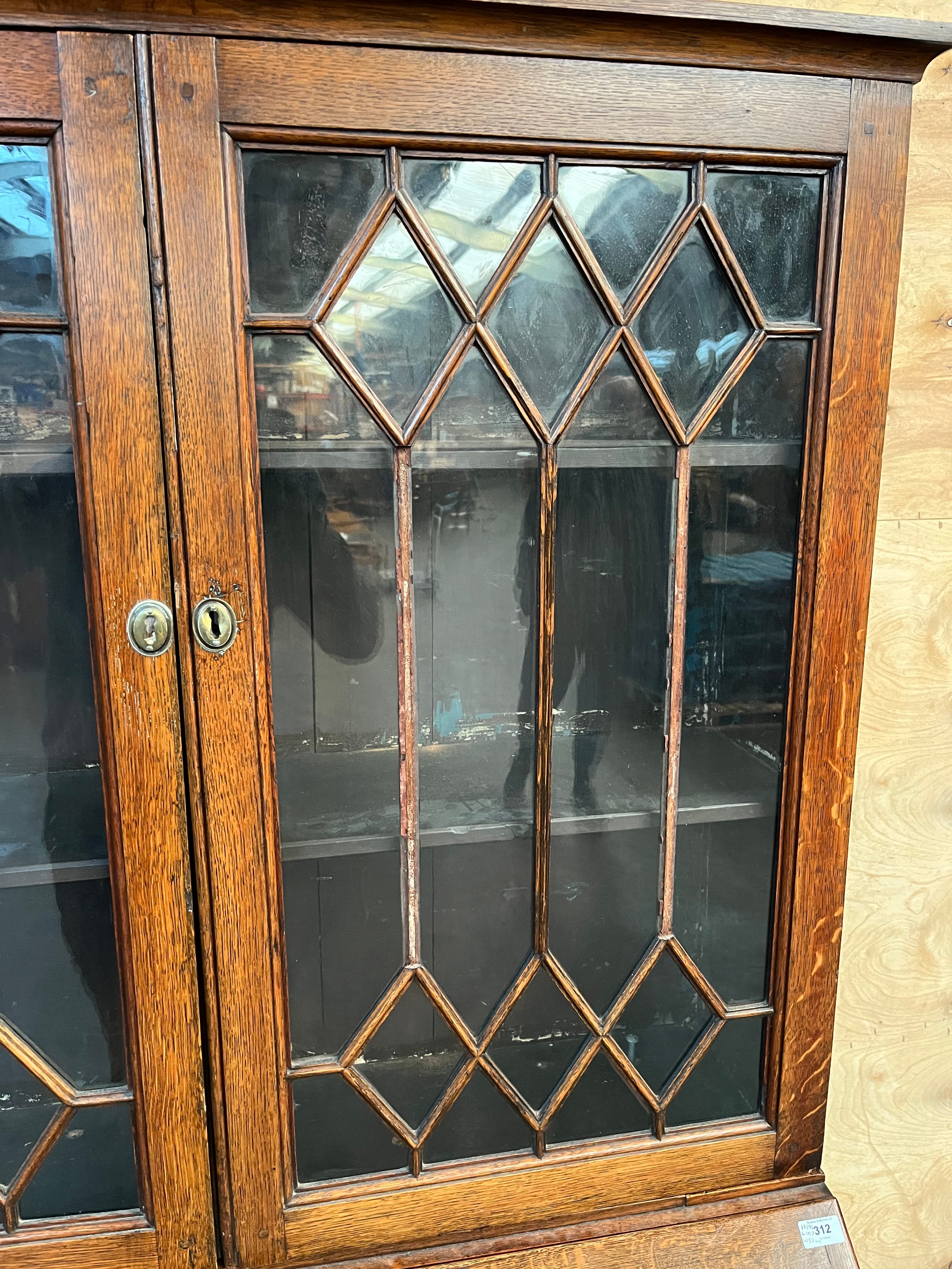 19th century bureau bookcase, the top with glass doors with a moulded wooden design to the panels, - Image 2 of 6