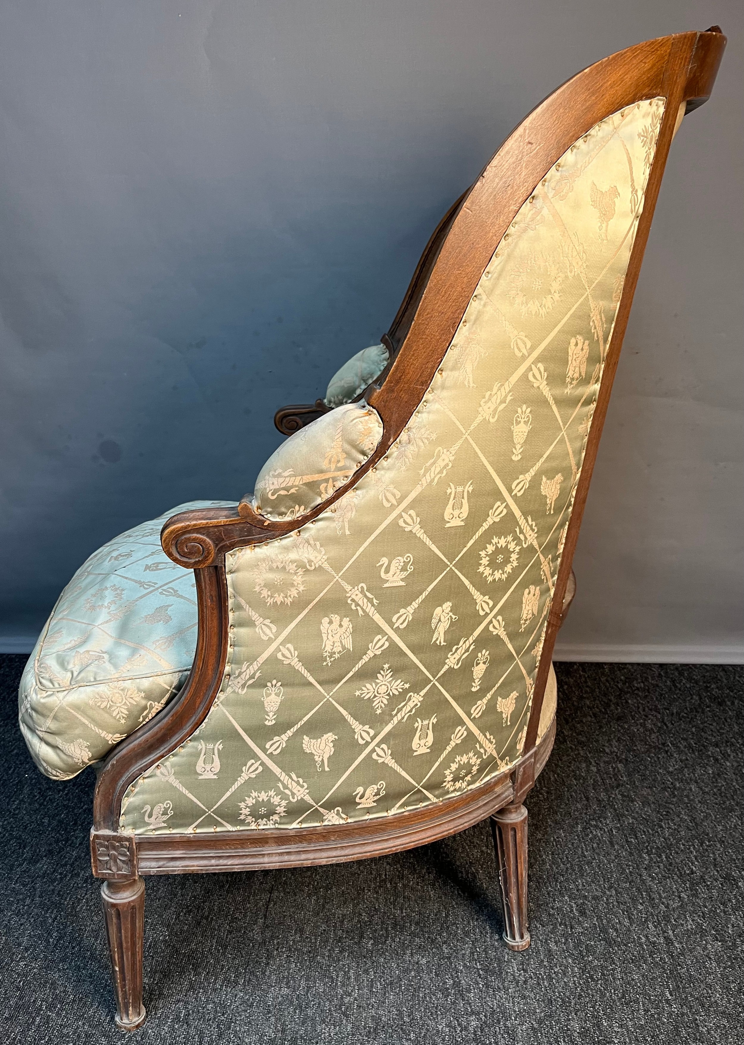 20th century French bedroom chair, the shaped back above scroll arms and cushioned seat raised on - Image 2 of 3