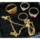 9ct Yellow gold signet ring, 9ct gold band ring, 9ct gold necklace, NW925 ring set with a large