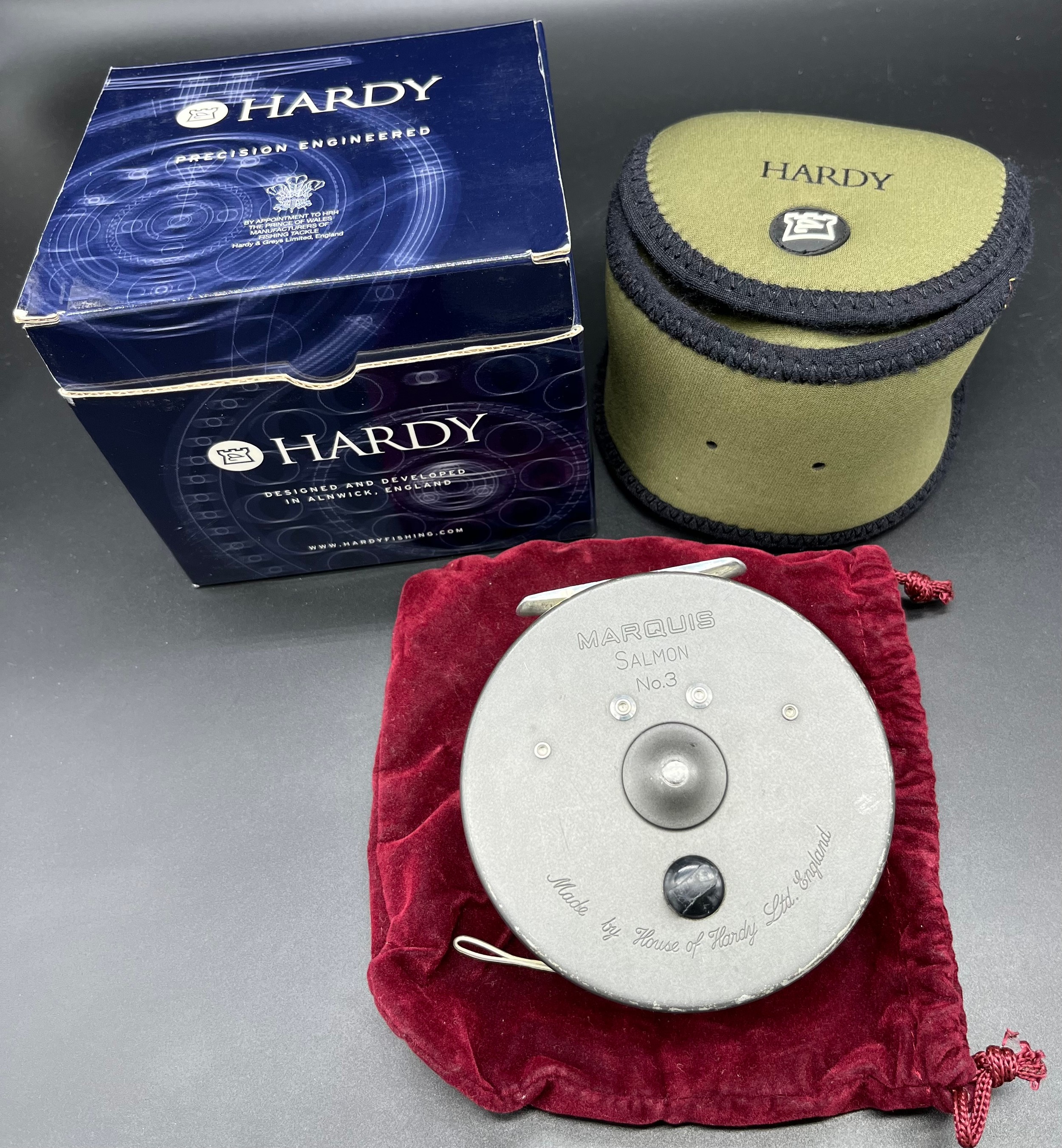 Hardy Bros. 'Marquis' Salmon No.3. Fly reel, line and hardy pouch bag. Comes with a box- not