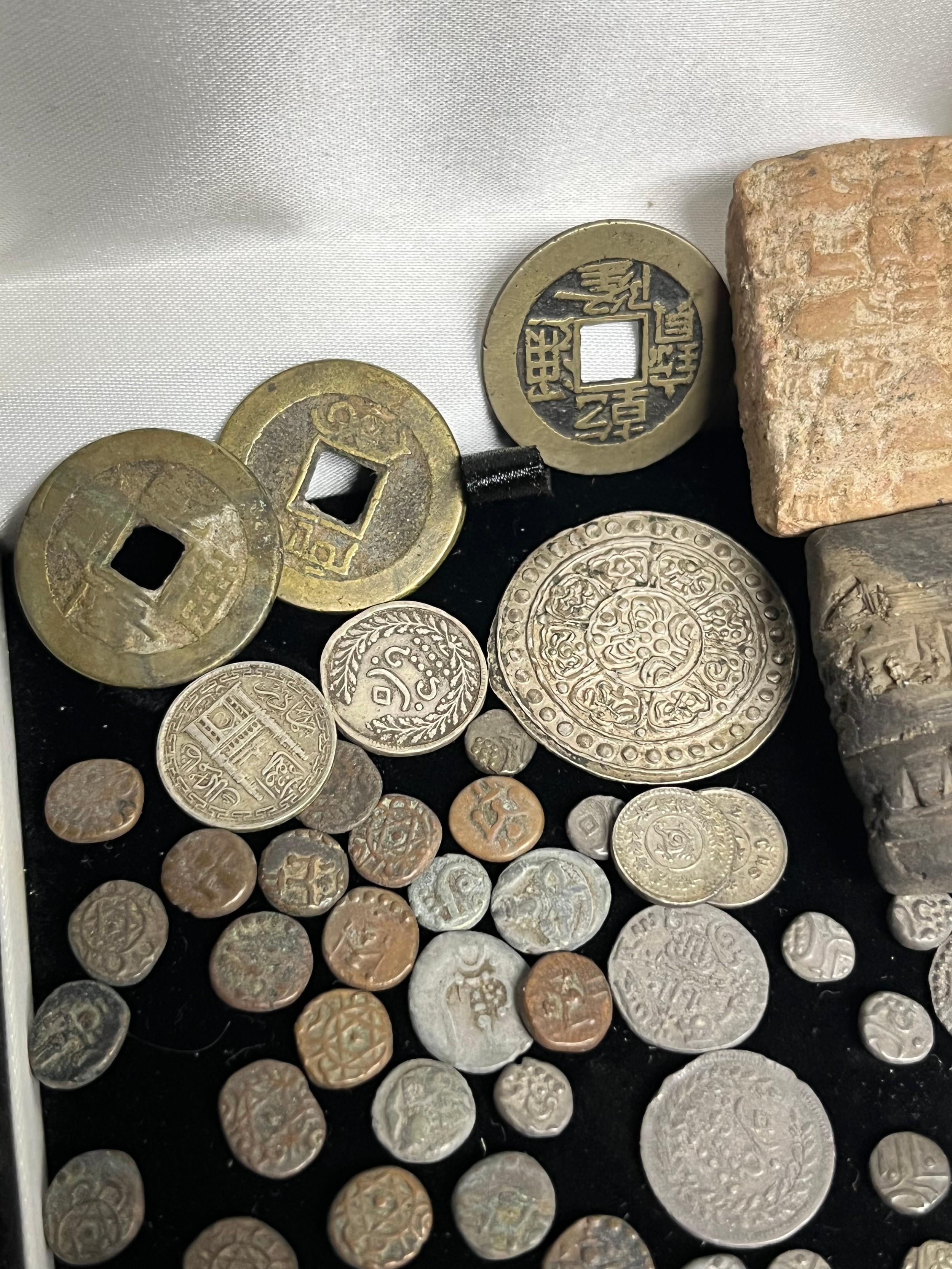 A Quantity of antique middle and far east coinage. Include two Hieroglyphic style stones. Antique - Image 5 of 6