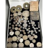 A Quantity of antique middle and far east coinage. Include two Hieroglyphic style stones. Antique