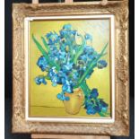 Framed oil painting on canvas depicting flowers in a vase after Van Gogh [79x69cm]