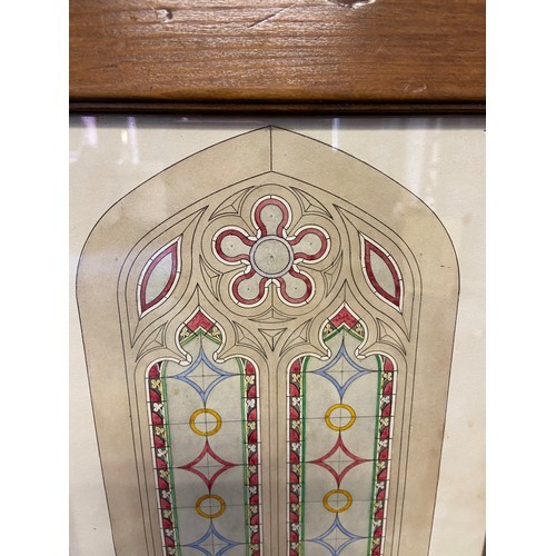 A lot of three antique architectural stain glass draft drawings. Hand coloured. - Image 2 of 4