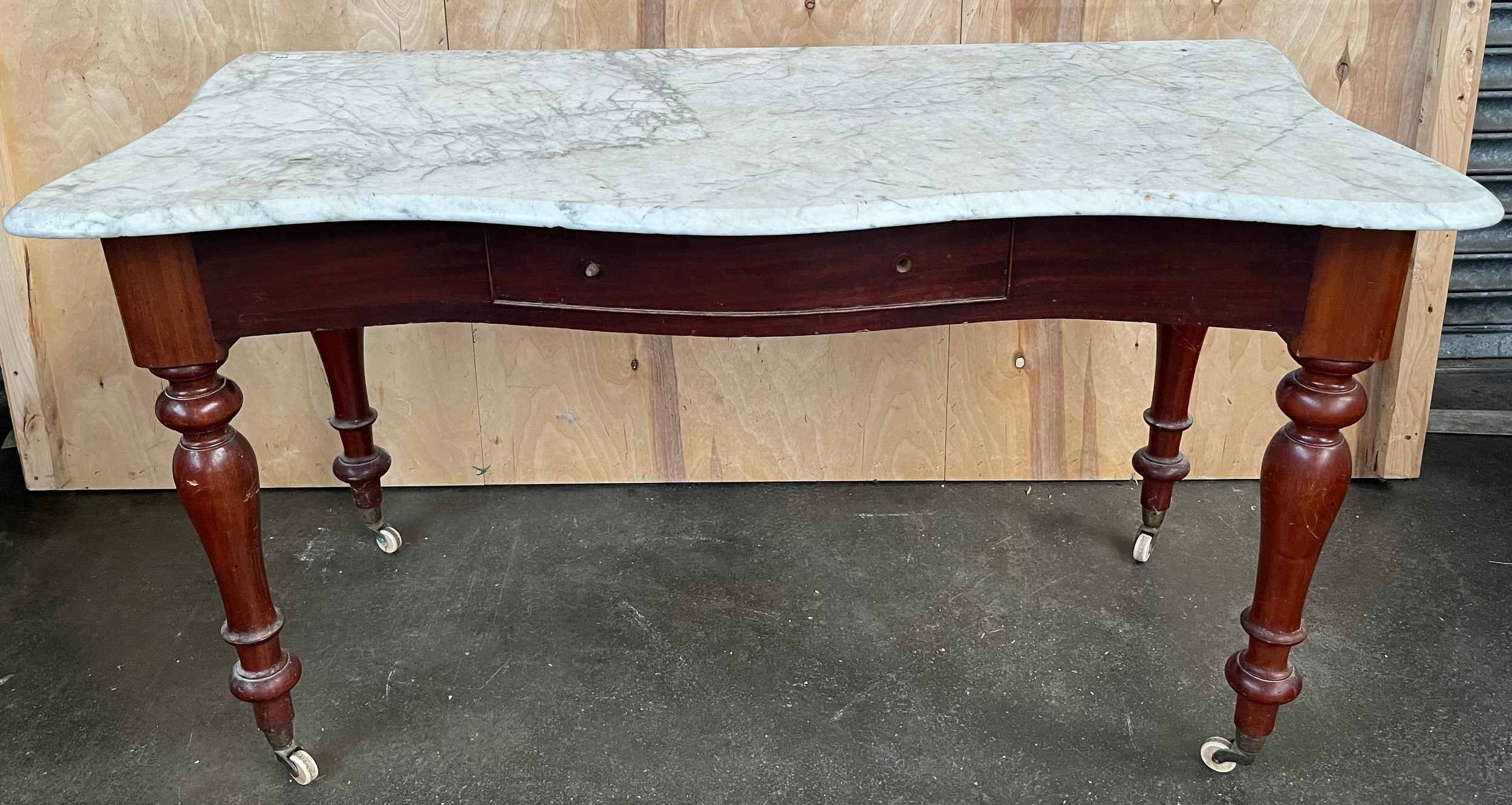 19th century large washstand, removable shaped marble top above a short drawer, raised on turned leg