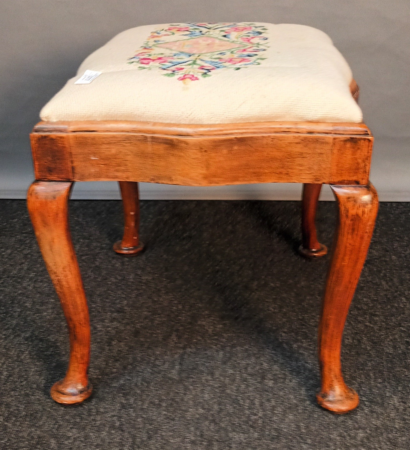 19th century stool, the embroidered cushioned seat, raised on cabriole legs ending in pad feet. [ - Image 3 of 3