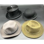 A Lot of antique and vintage hats to include top hat by Superior Finish, Bowler hat by Moores