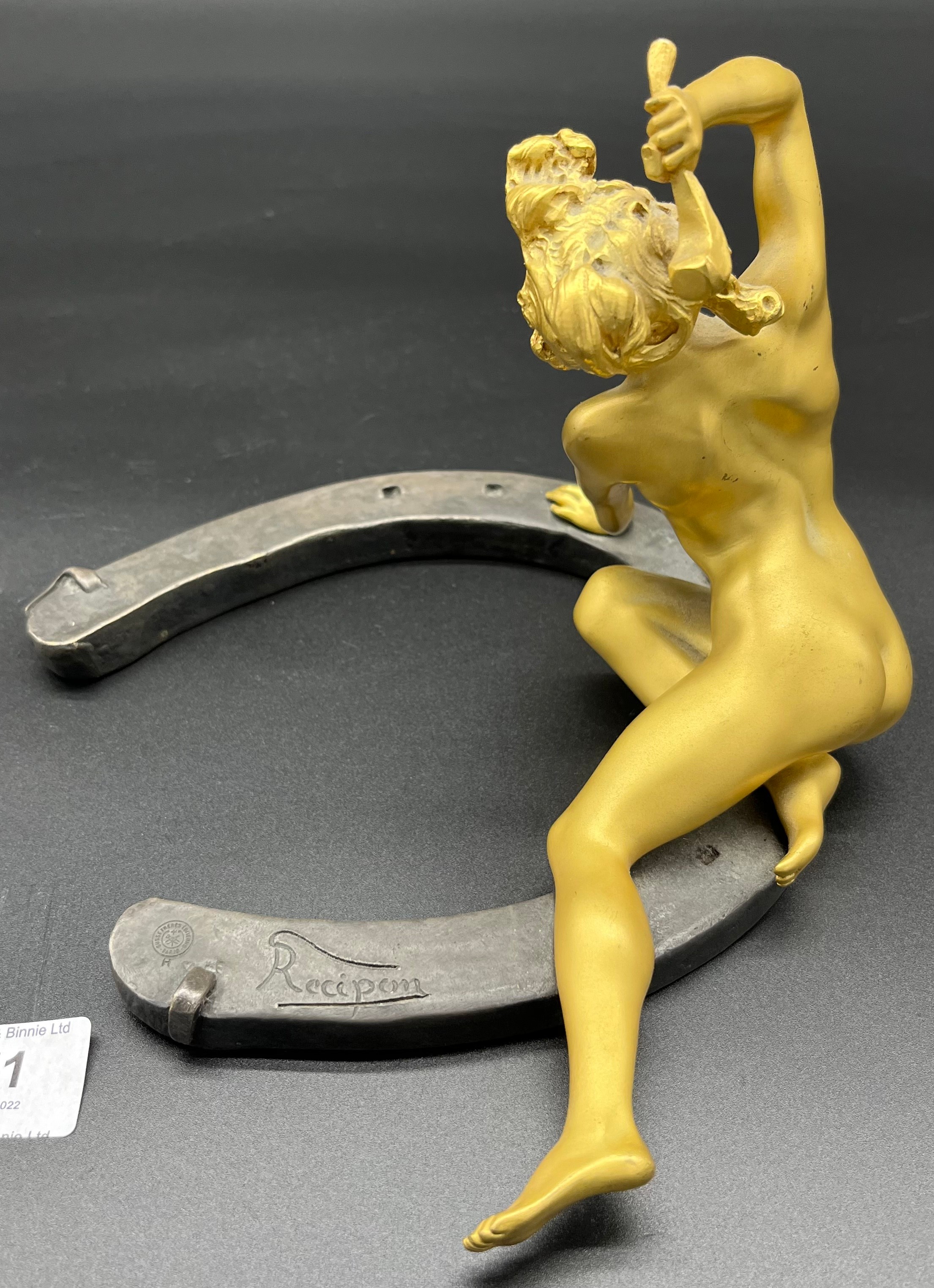 Art Nouveau Nude lady gilt bronze on horseshoe hammering a nail, signed Recipon. The bronze is - Image 4 of 6