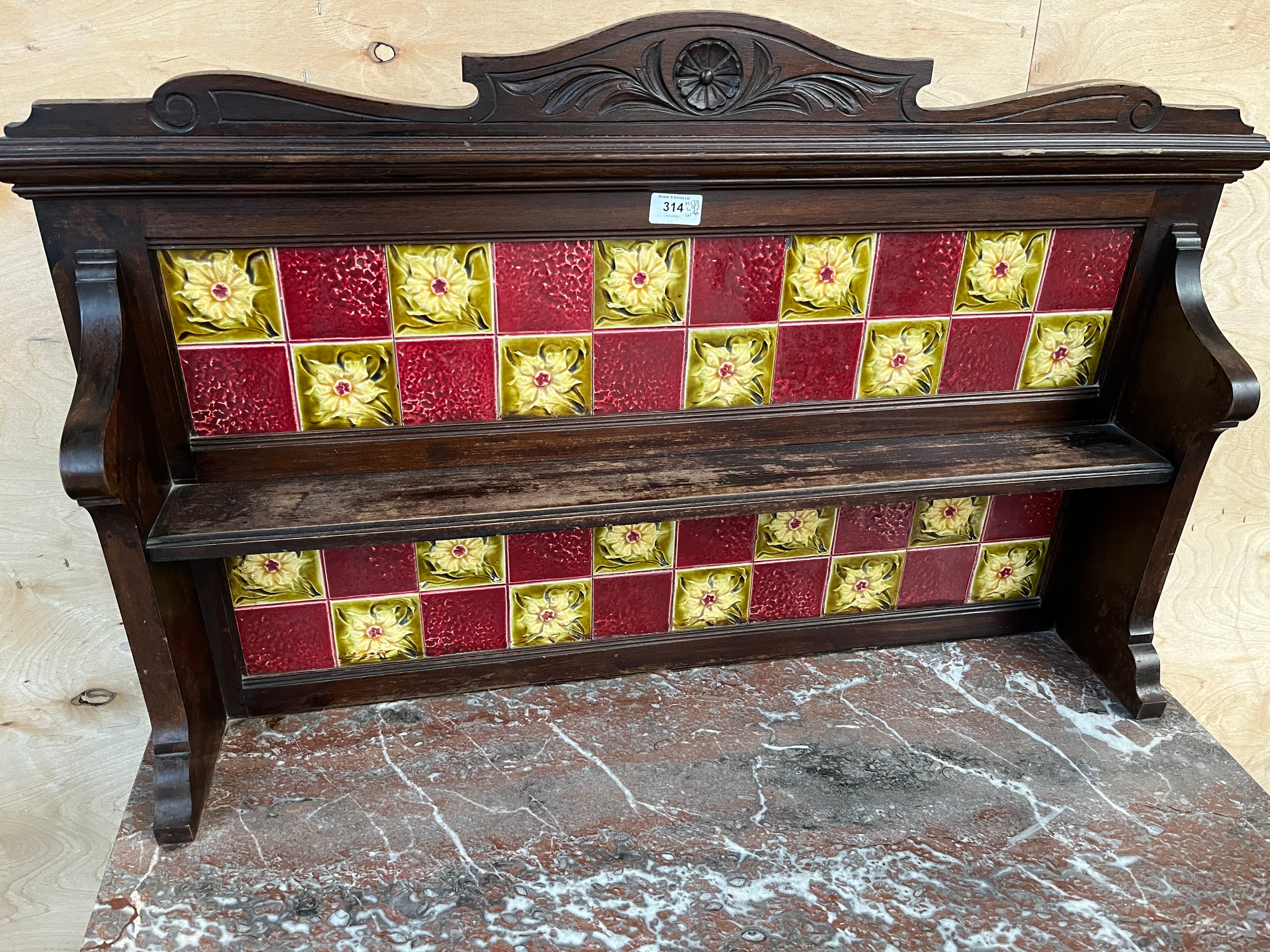 Antique washstand, the art nouveau themed tile back with open shelf above a marble surface, two - Image 2 of 3