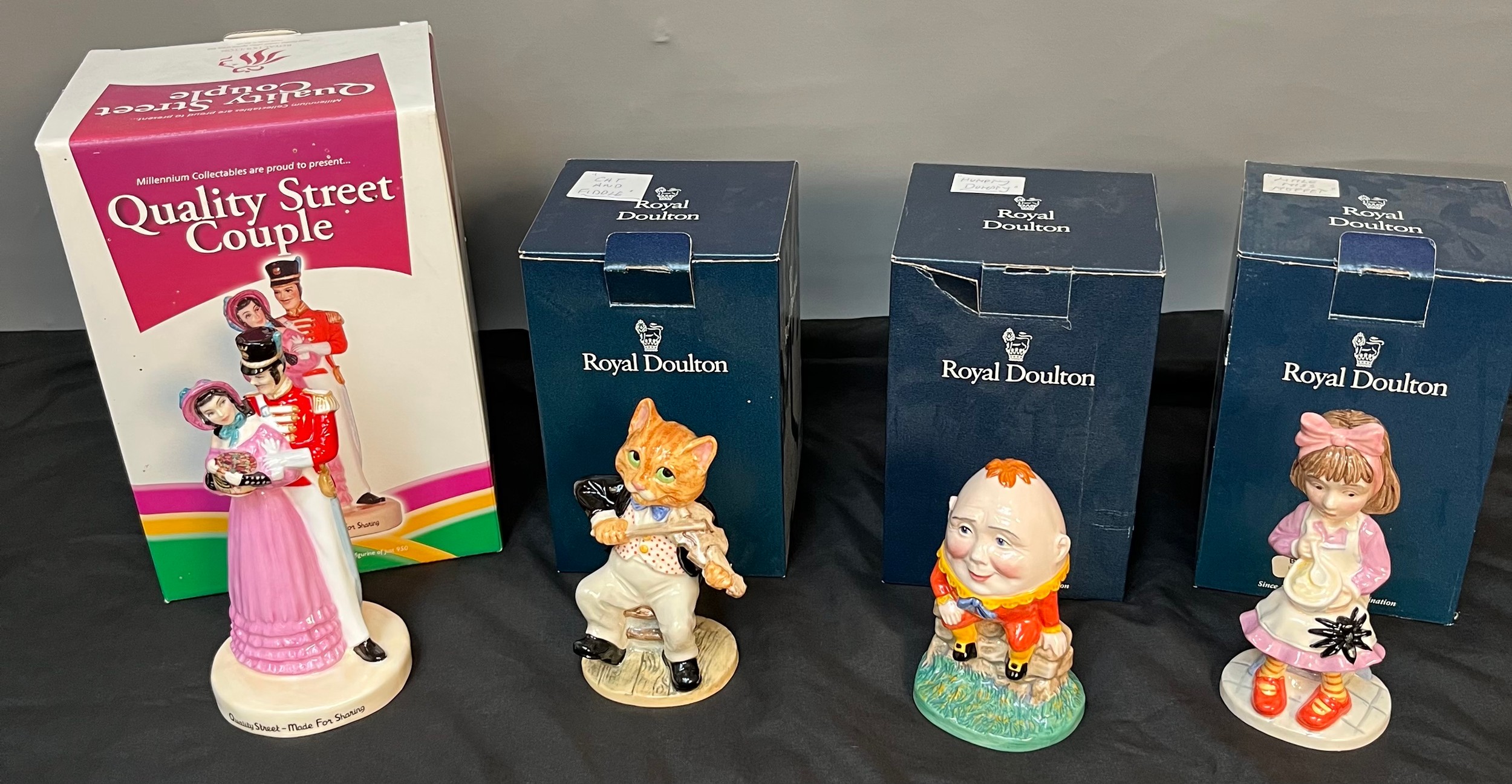 Four various Royal Doulton figures to include Quality Street Couple limited edition, The Cat and the
