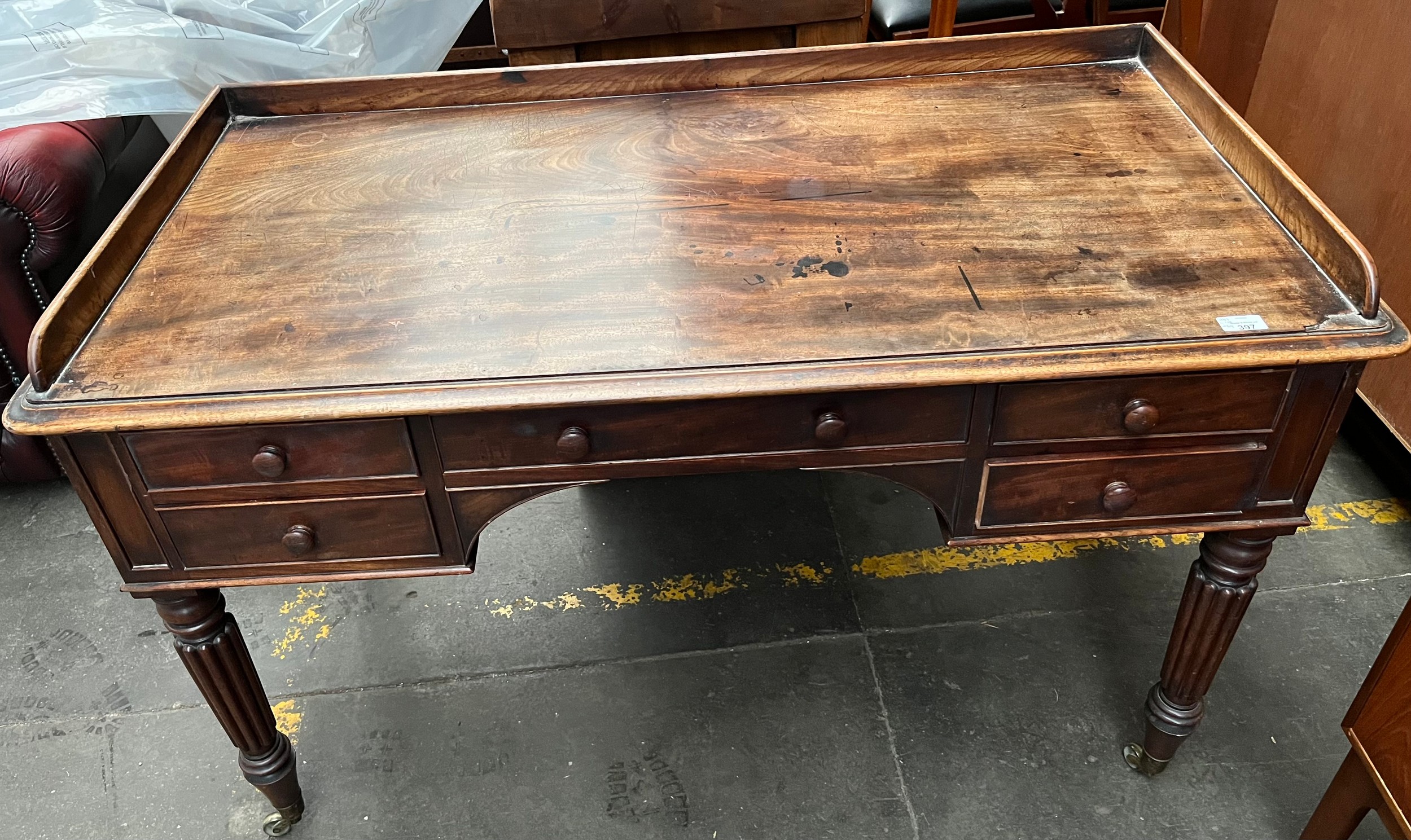 19th century desk, the gallery top above a writing surface and an arrangement of drawers, raised - Image 4 of 4