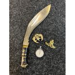 Kukri knife together with two military cap badges. Together with a Smiths stop watch.