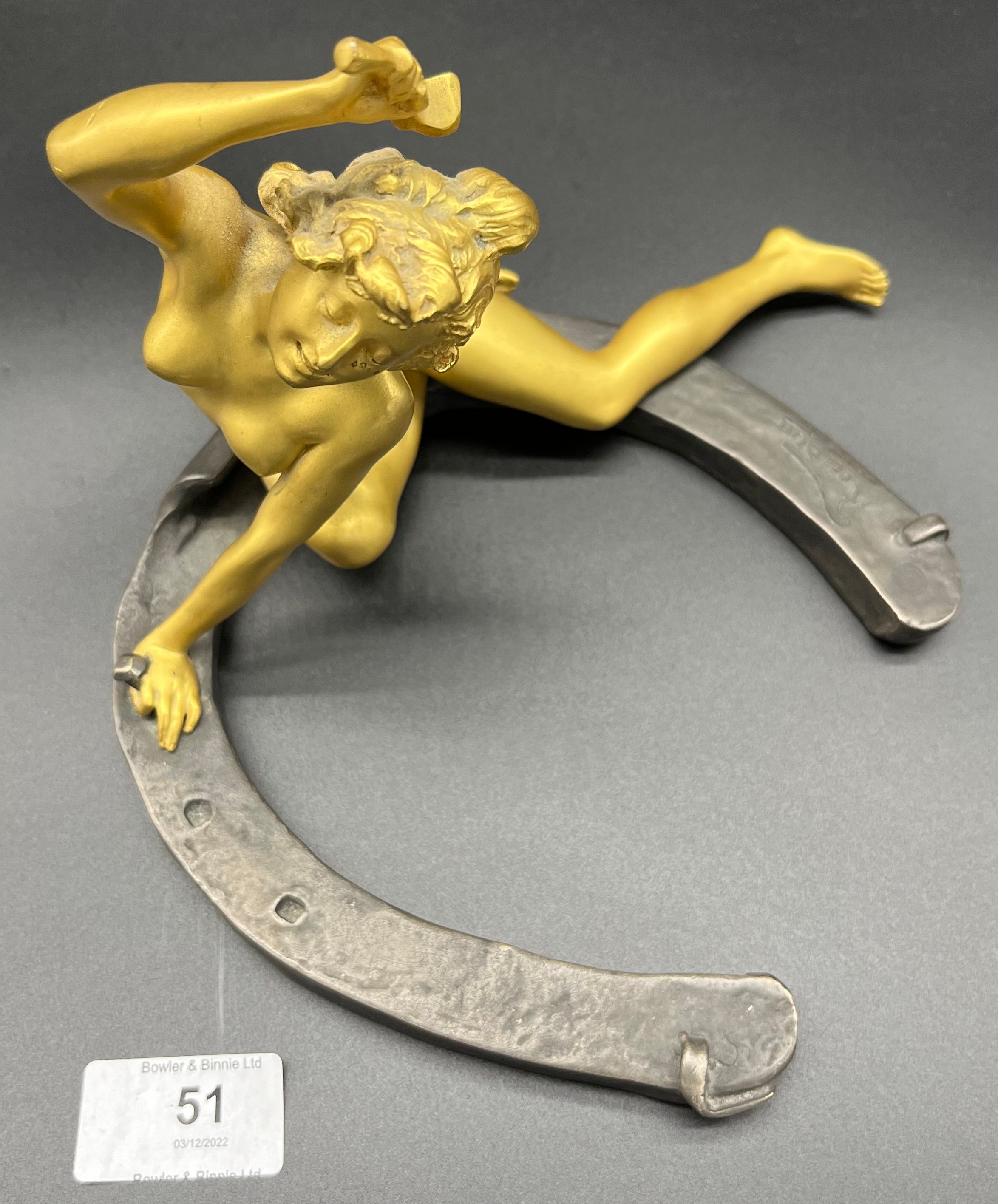 Art Nouveau Nude lady gilt bronze on horseshoe hammering a nail, signed Recipon. The bronze is - Image 2 of 6