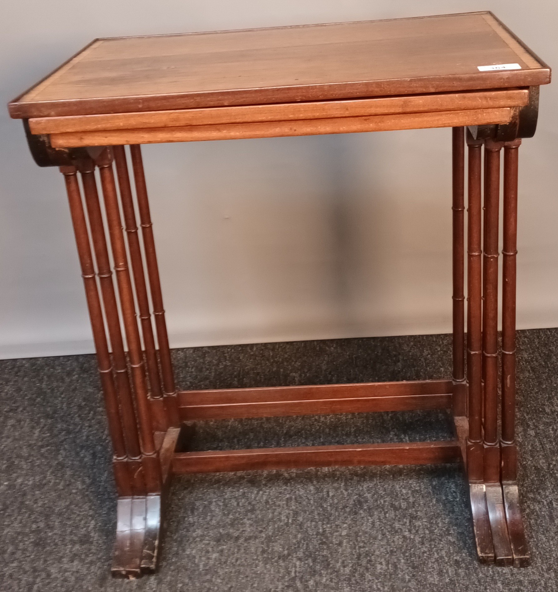 Antique nest of three tables, the surface with parquetry inlay and raised on trestle supports[ - Image 3 of 4