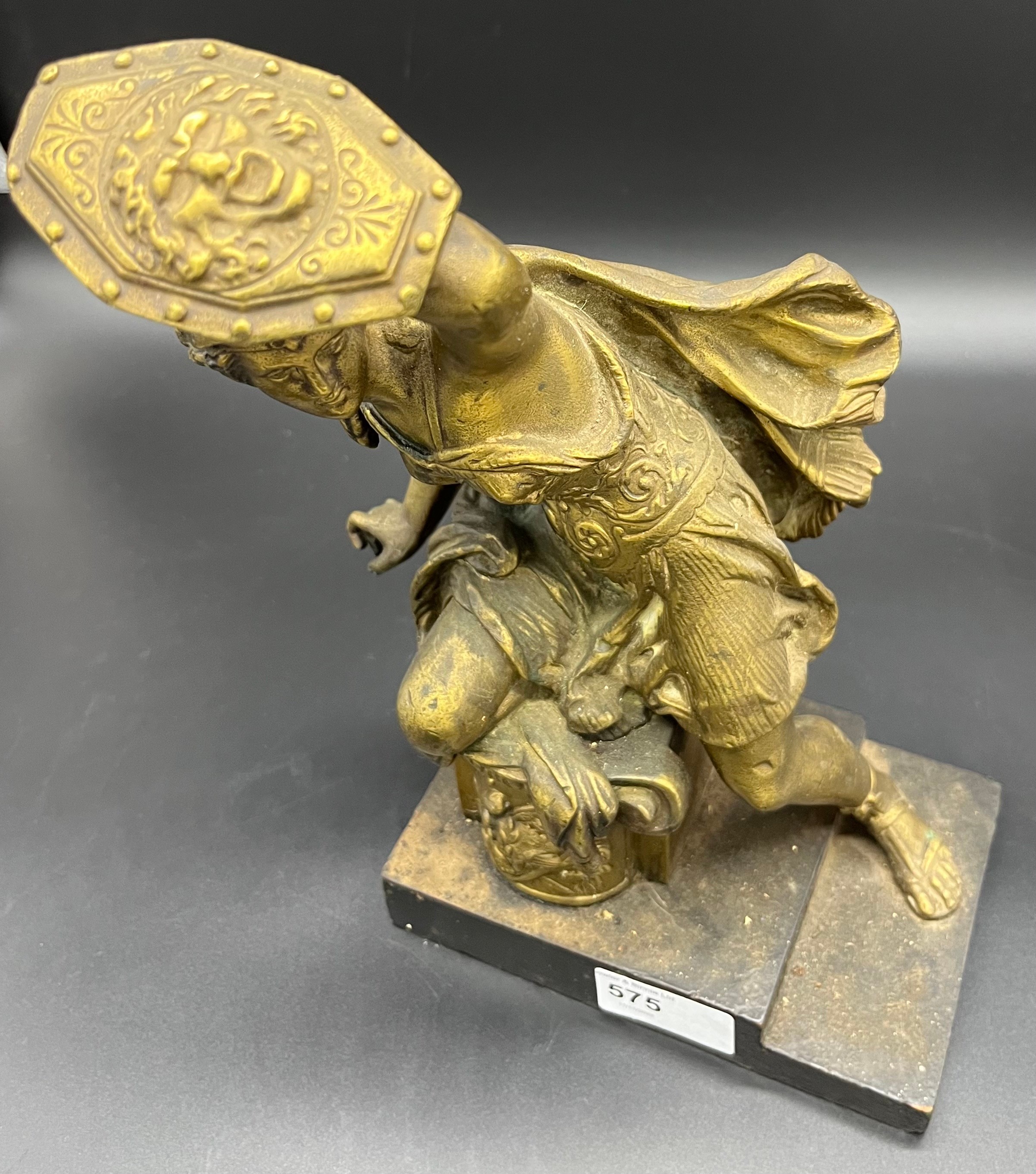 Antique Heavy gold patina bronze woman warrior sat upon a wooden step base. [27cm high] - Image 4 of 4