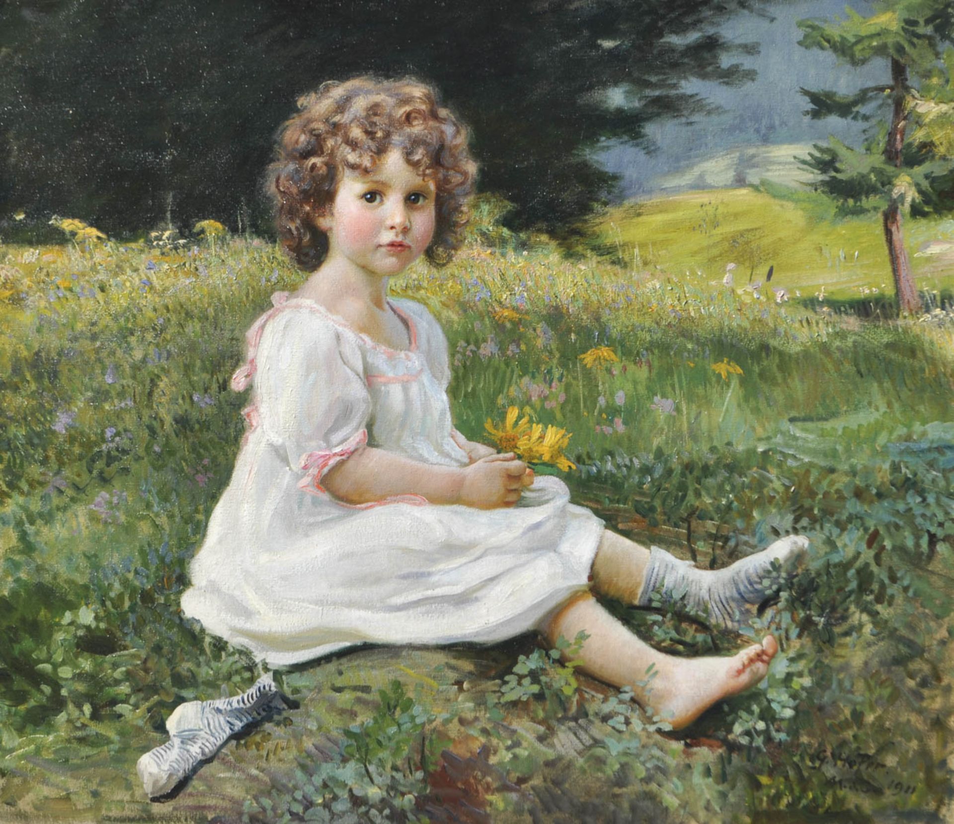 Gottfried Hofer - Mädchen in Frühlingslandschaft, Madonna di Campiglio, 1911