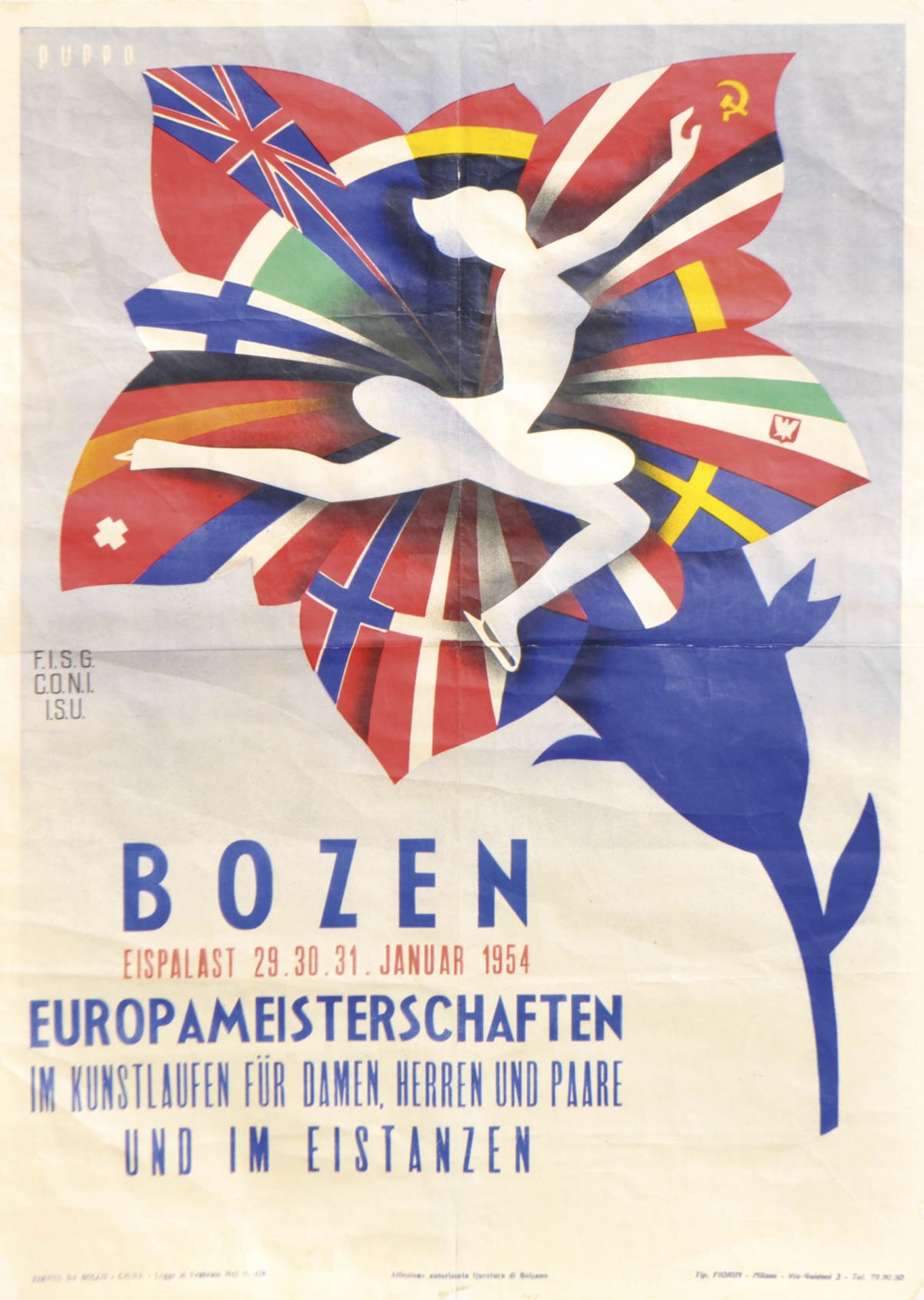 Puppo - Plakat sBozen Europameisterschaften im Kunstlaufen und Eistanzs, 1955