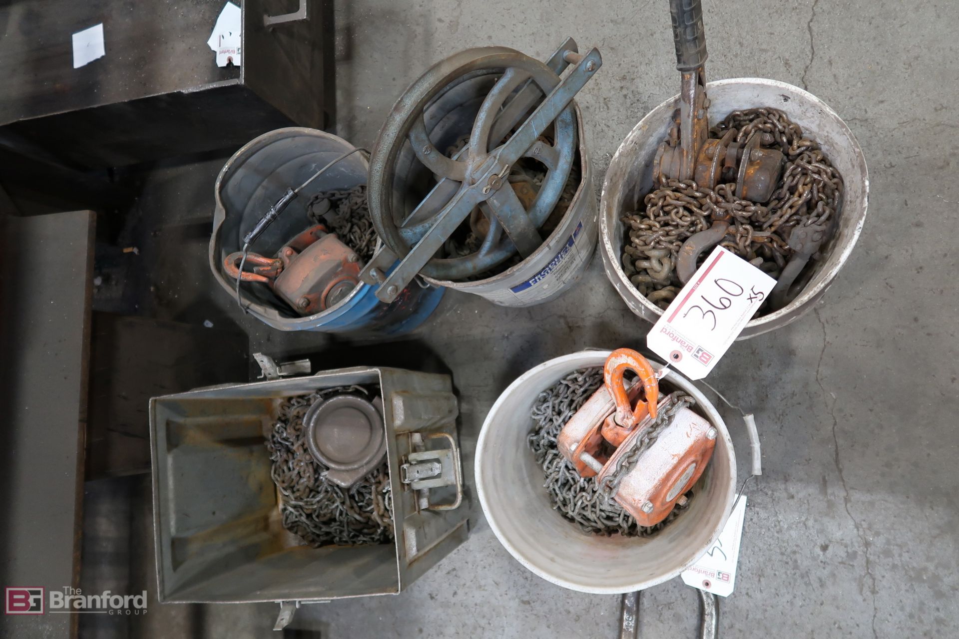 Lot of (5) Buckets of Various Chain Hoists