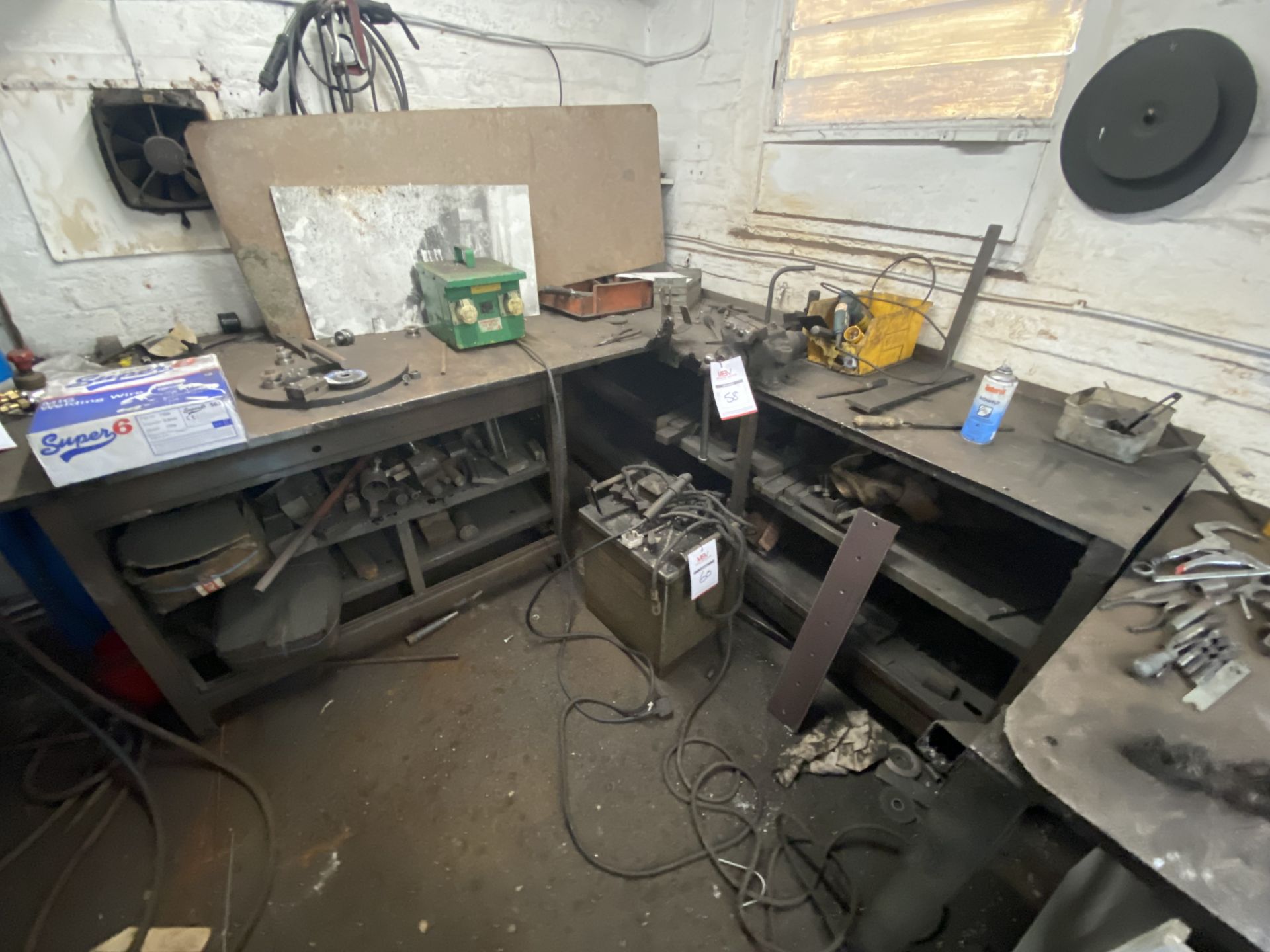 3 x Metal Workbenches, Vice and Contents