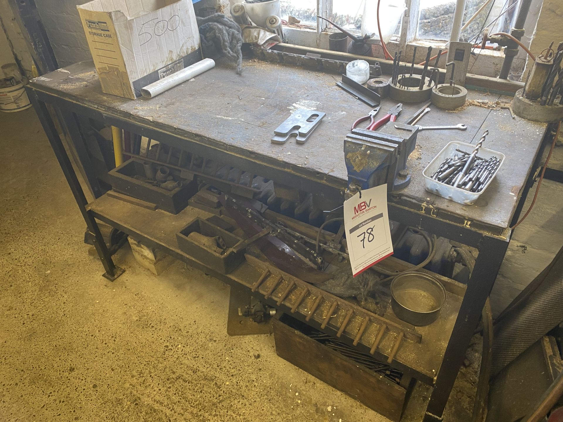 Metal Work Bench, Vice and Contents