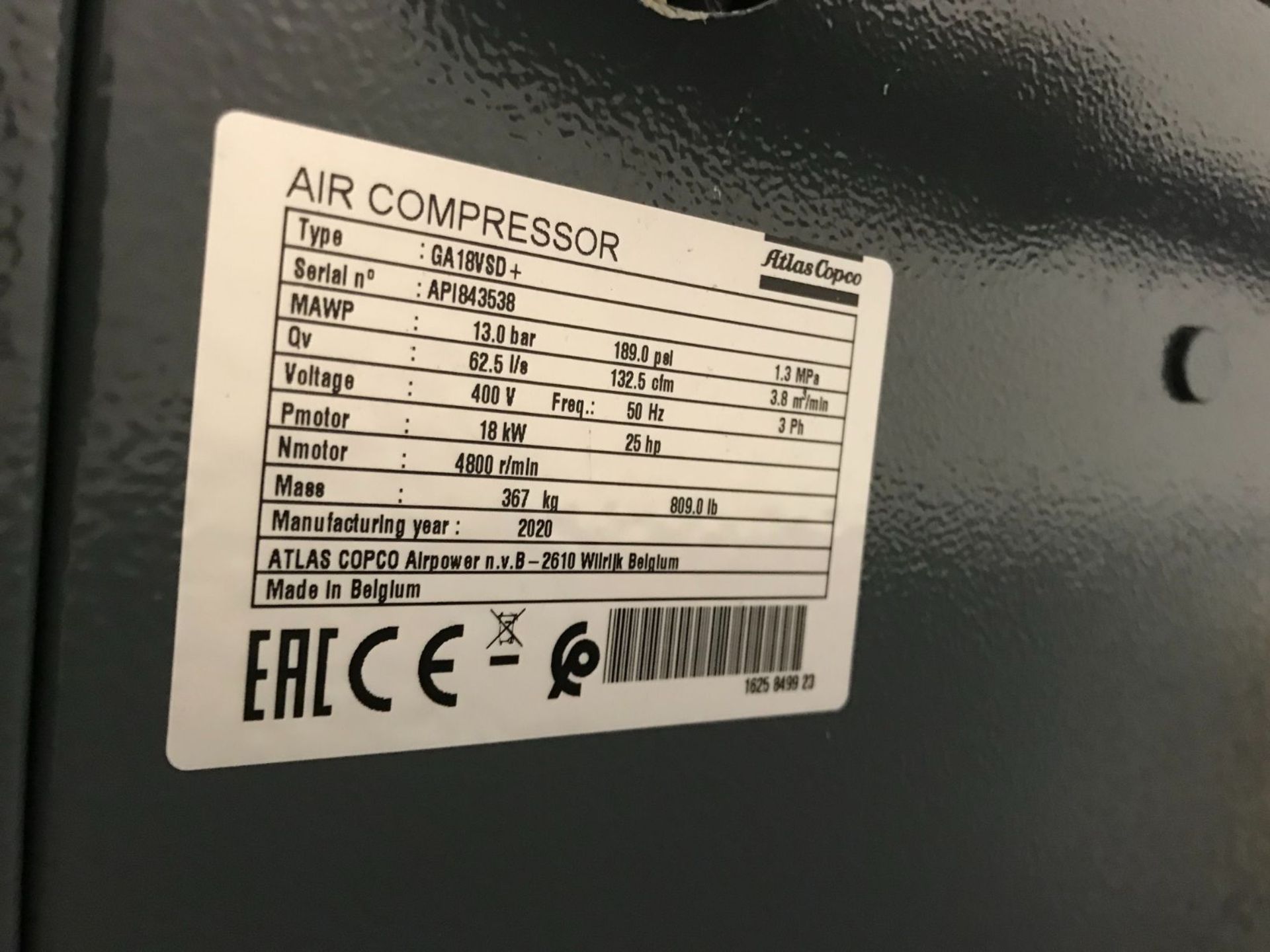 Compressed air plant comprising; Atlas Copco GA18VSD+ packaged air compressor 18kW, maximum working - Image 12 of 13