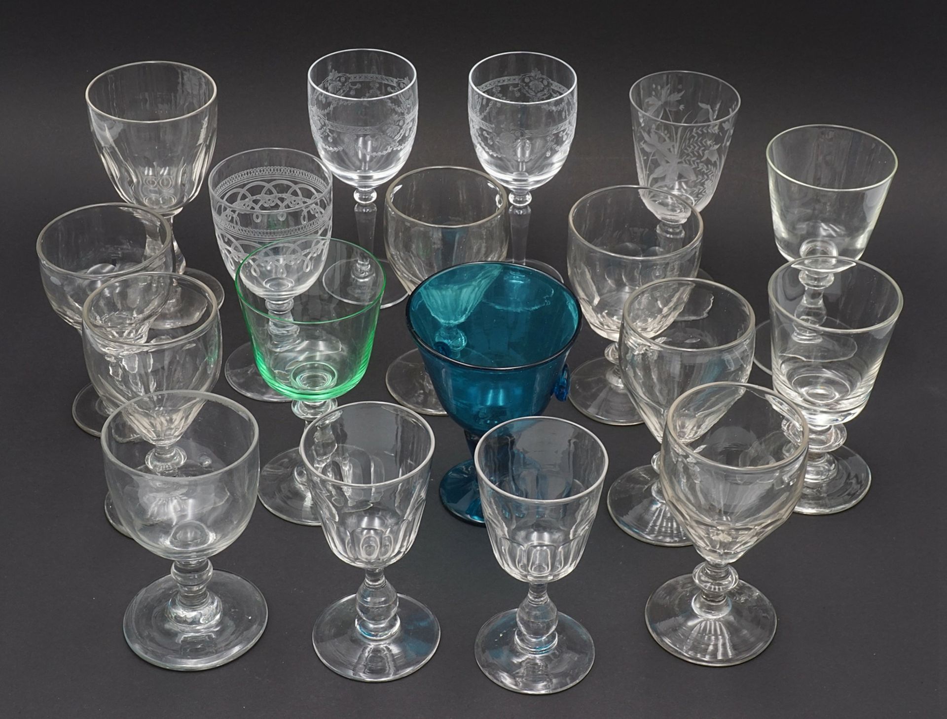 18 wine glasses, around 1900