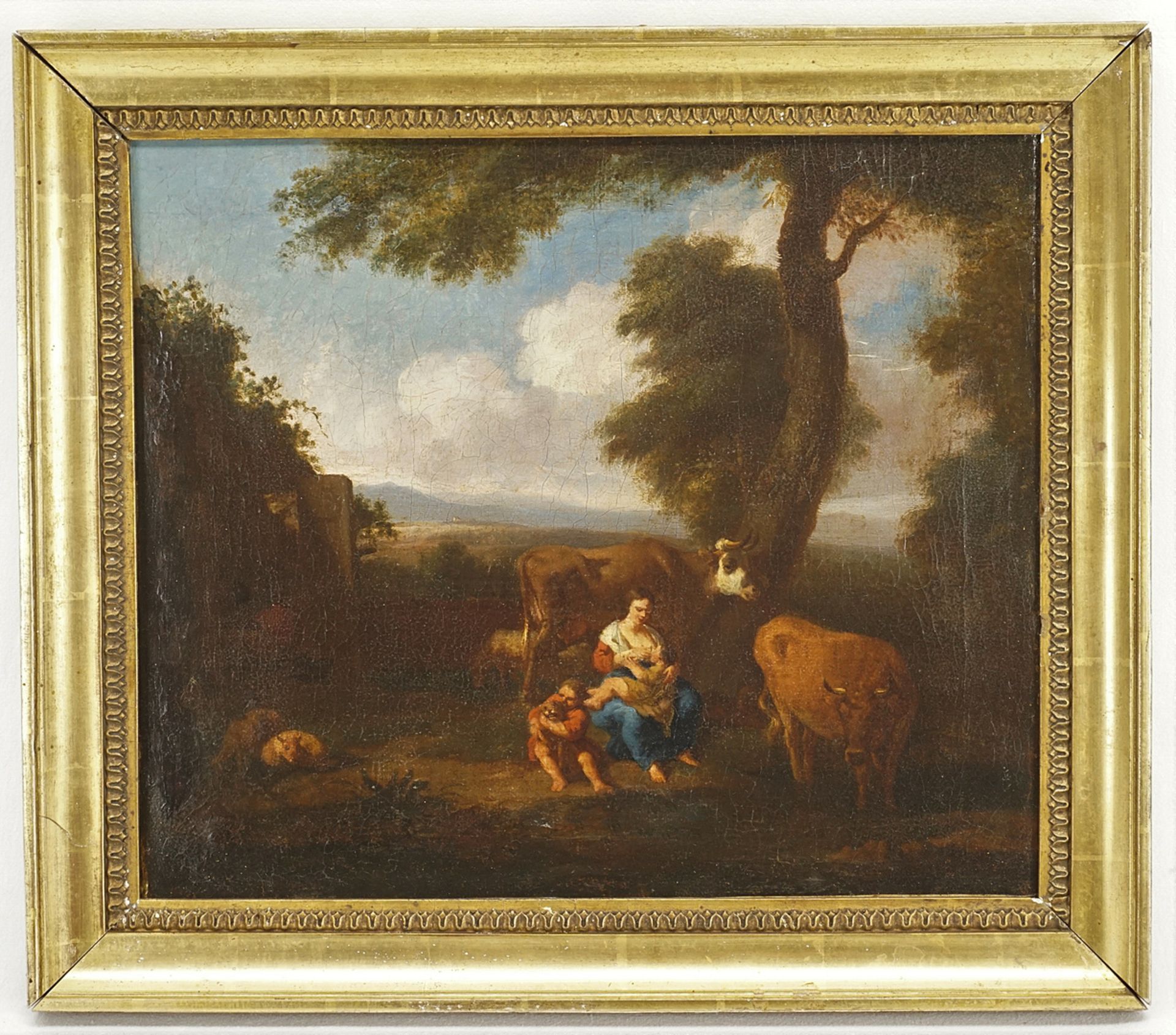 Nicolaes Pietersz. Berchem, Nachfolger, Rastende Mutter mit Kühen - Bild 2 aus 3