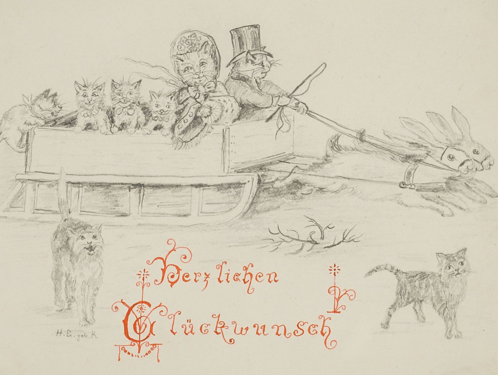 Monogrammistin  H.E. geb. K.,  Glückwunschkarte für Katzenfreunde