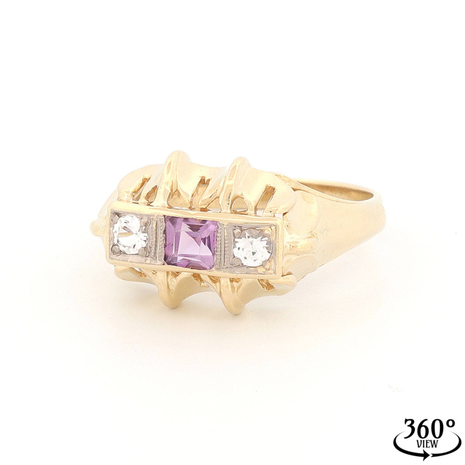 Trilogy ring with amethyst and old European cut diamonds