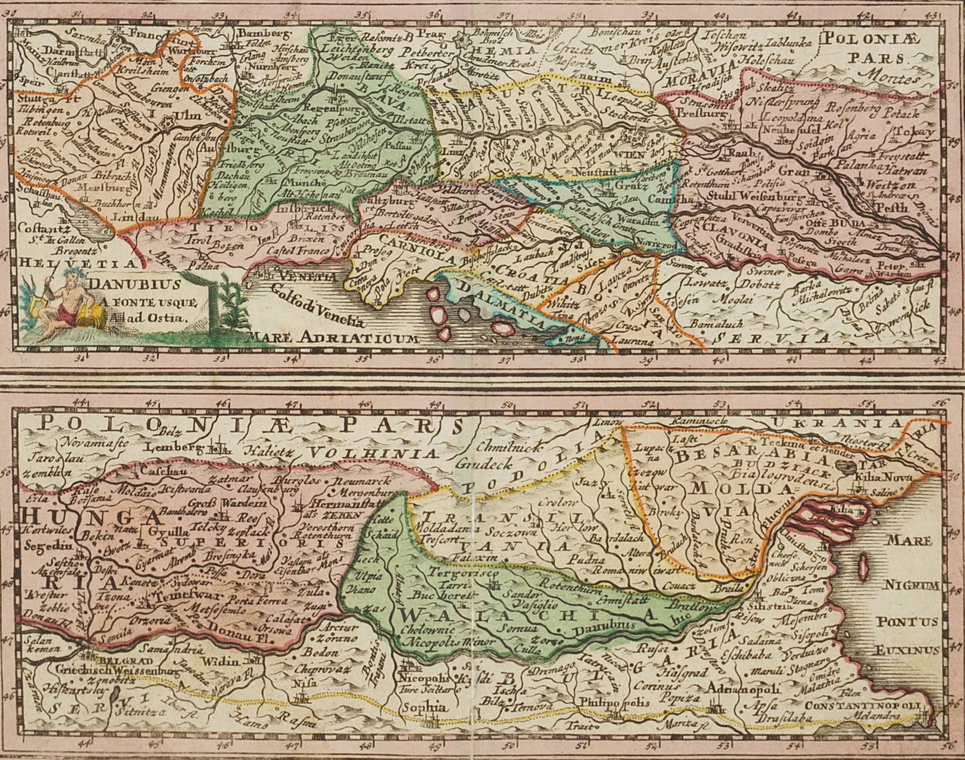 Map of the course of the Danube in two depictions