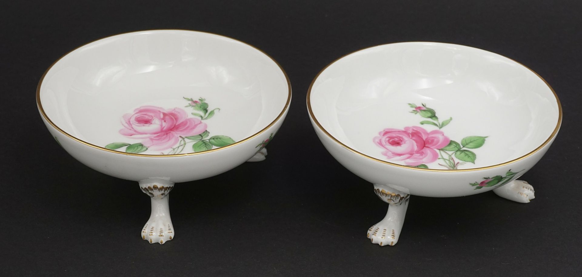 Two small Meissen foot bowls with red rose