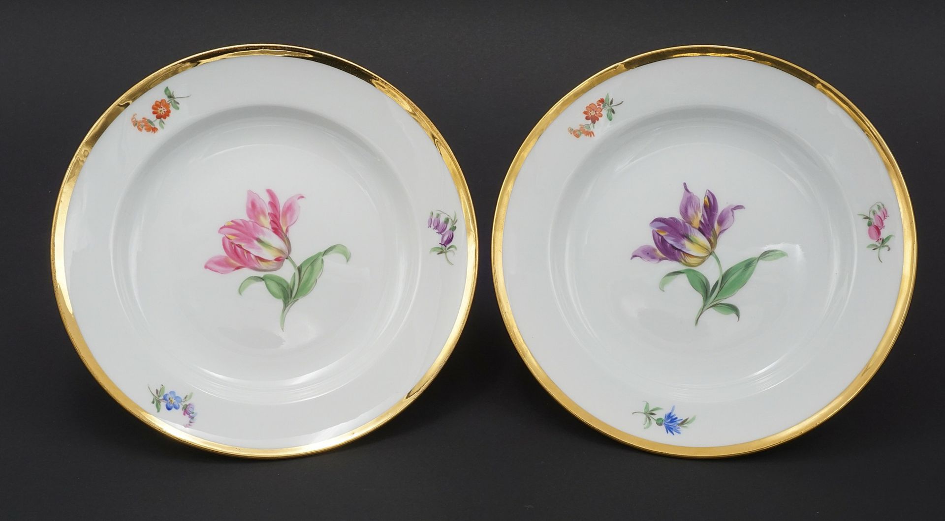 Two Meissen dessert / cake plates with flower painting,  1815 - 1923