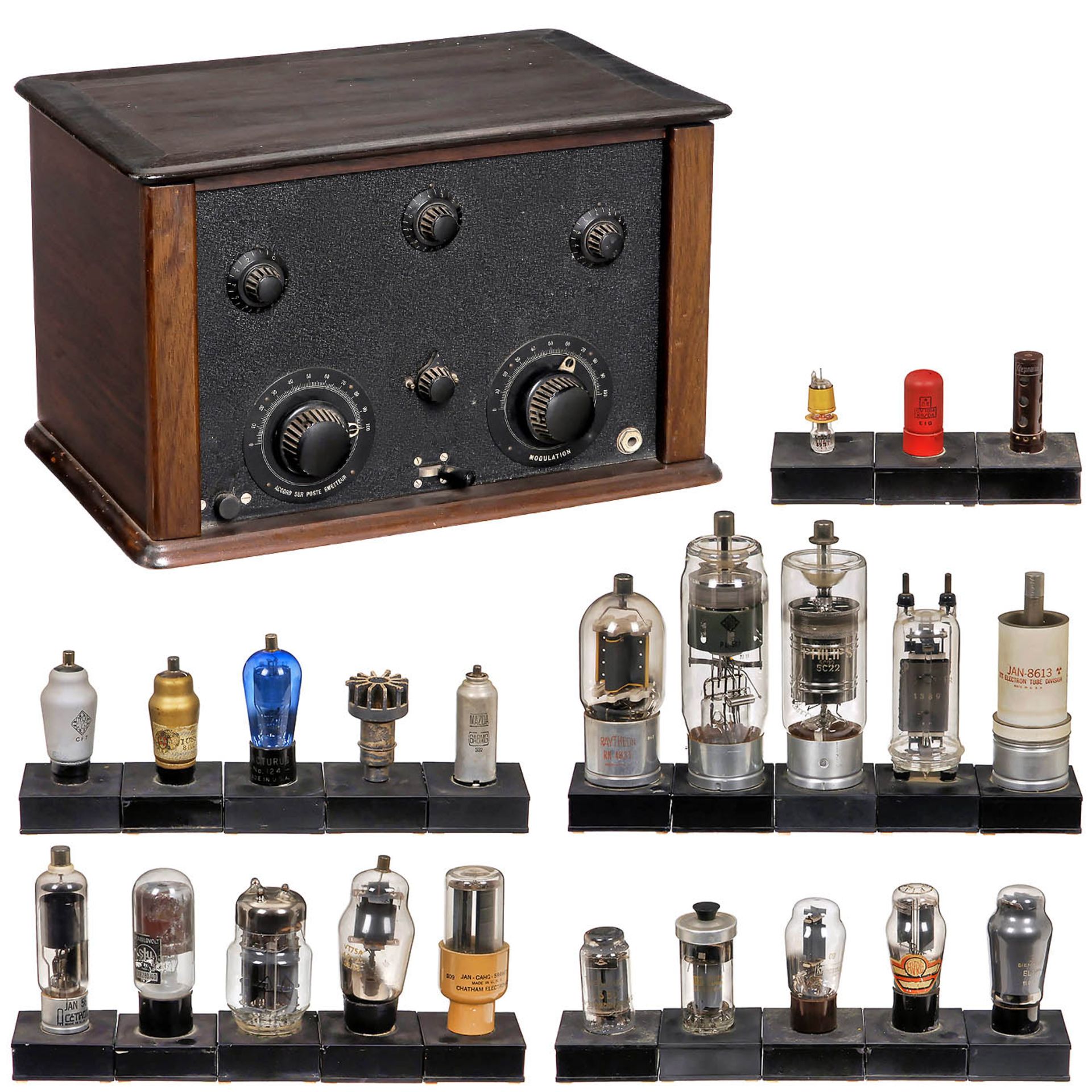 Ducretet Radio Receiver and Collection of Tubes on Display Bases