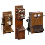 3 Wall Telephones in Wood Cases, c. 1920–30