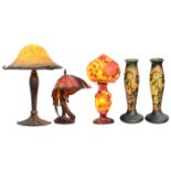 3 Art-Nouveau-Style Table Lamps and 2 Vases, c. 1990