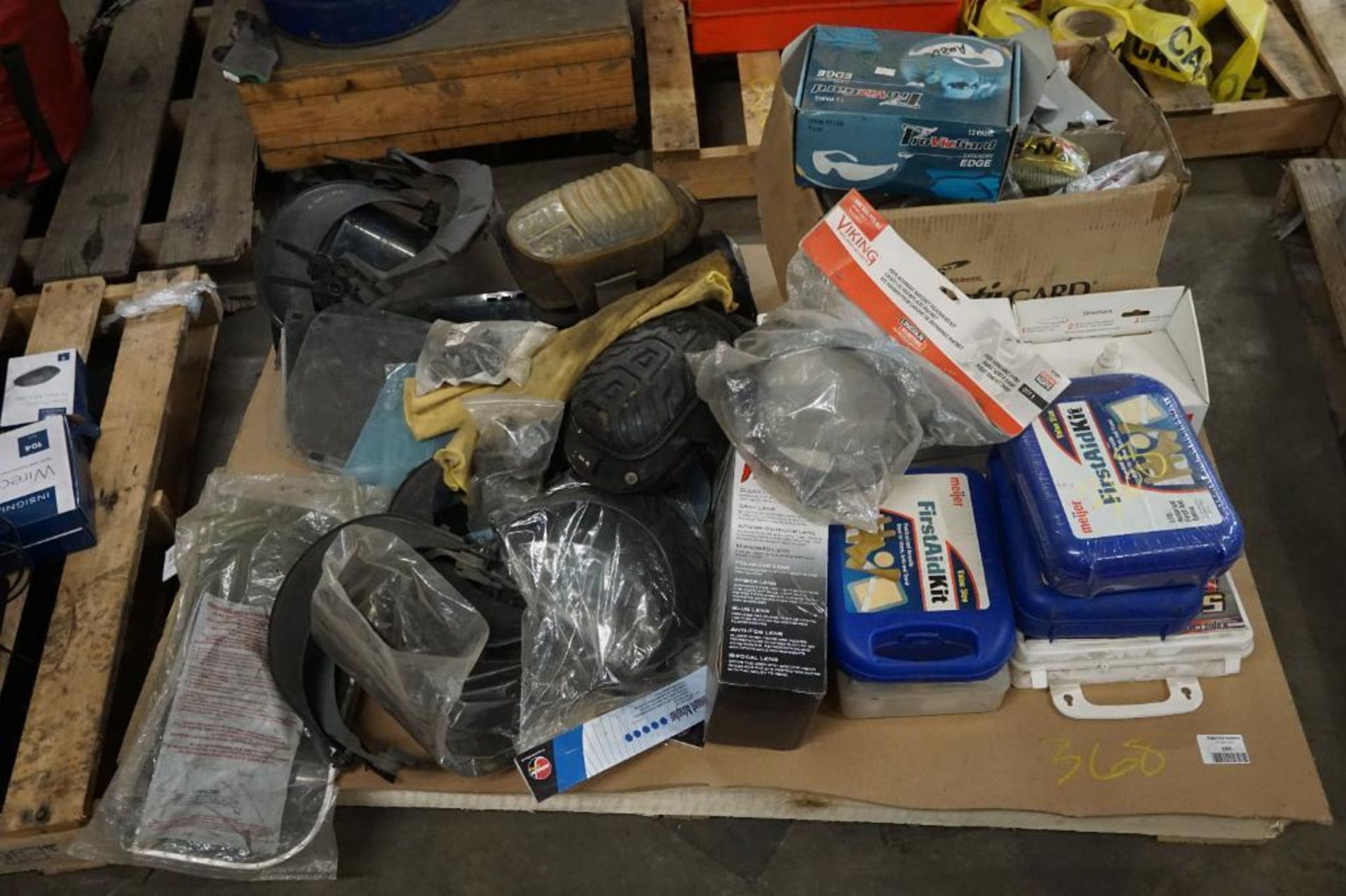 Pallet of First-Aid Kits, Knee Pads, Safety Goggles