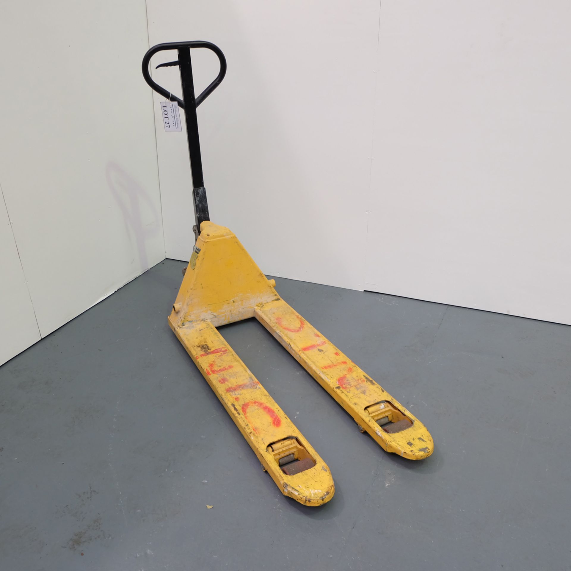 Pallet Truck. Length of Forks 45". Distance Between Forks 8 3/4".