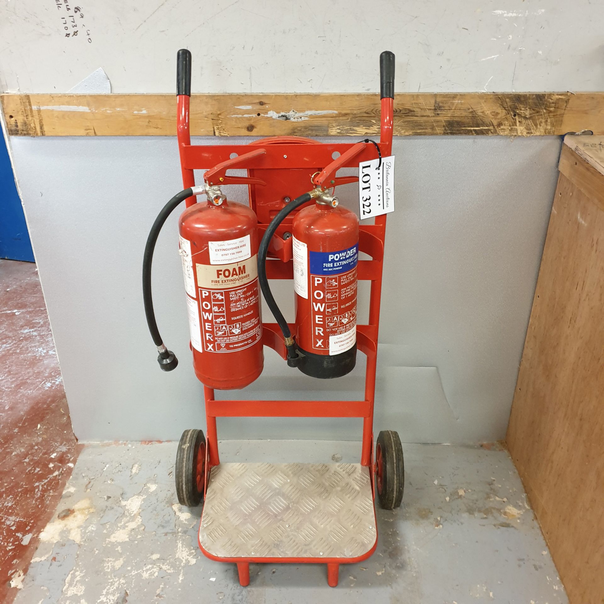 Twin Unit Fire Extinguisher Trolley with Extinguishers.