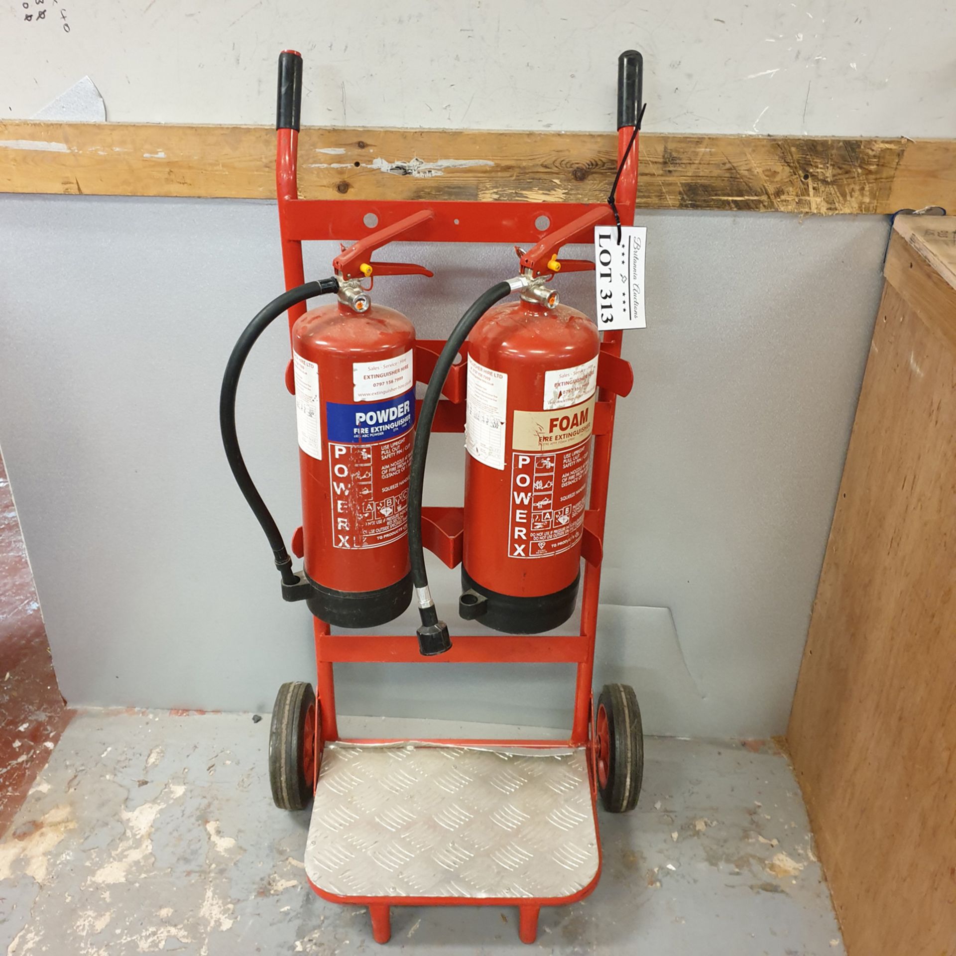 Twin Unit Fire Extinguisher Trolley with Extinguishers.