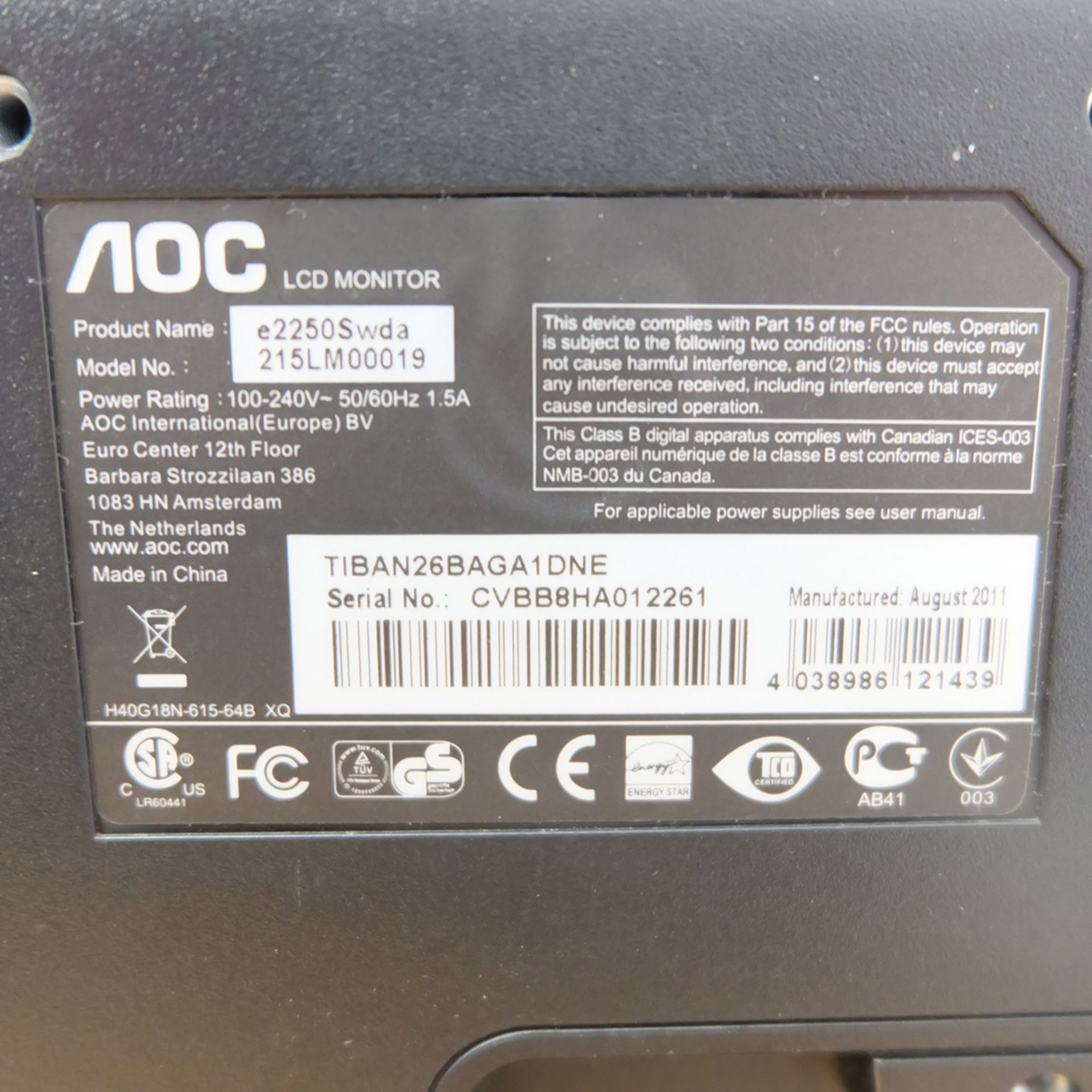 AOC Monitor Model e950Swda with VGA & Power Lead. - Image 2 of 2