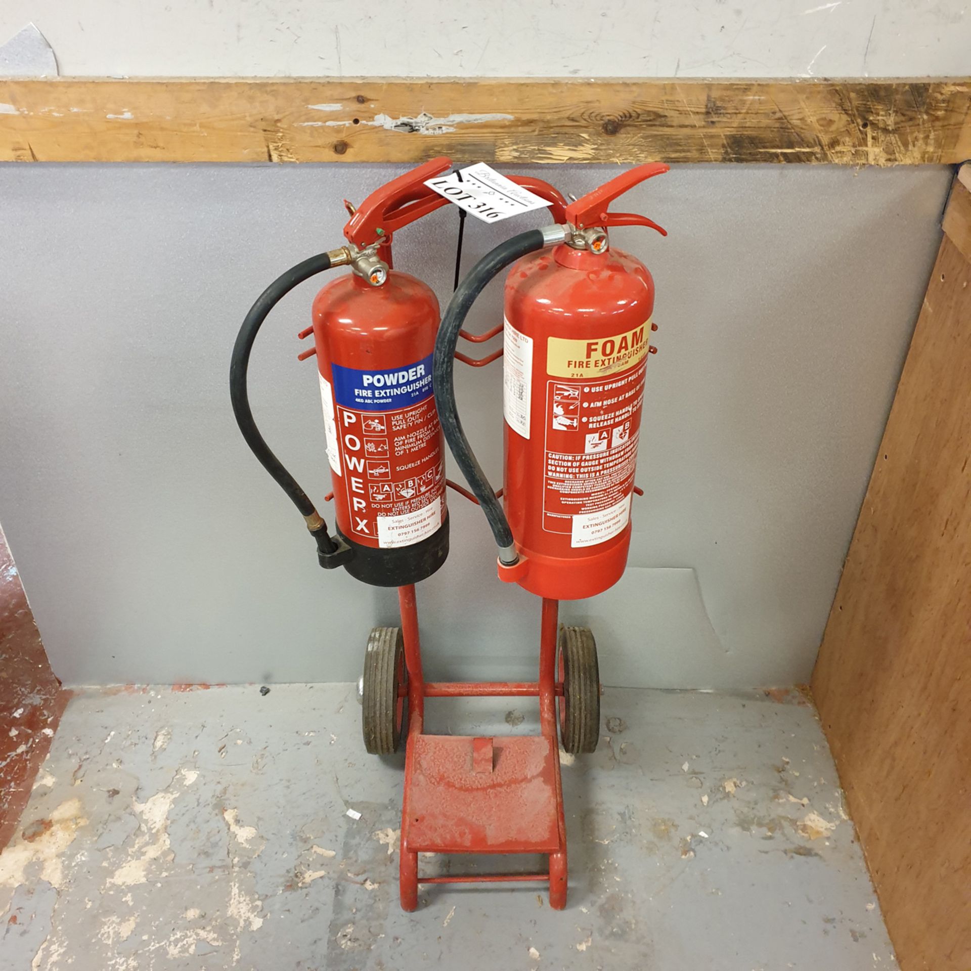 Twin Unit Fire Extinguisher Trolley with Extinguishers.