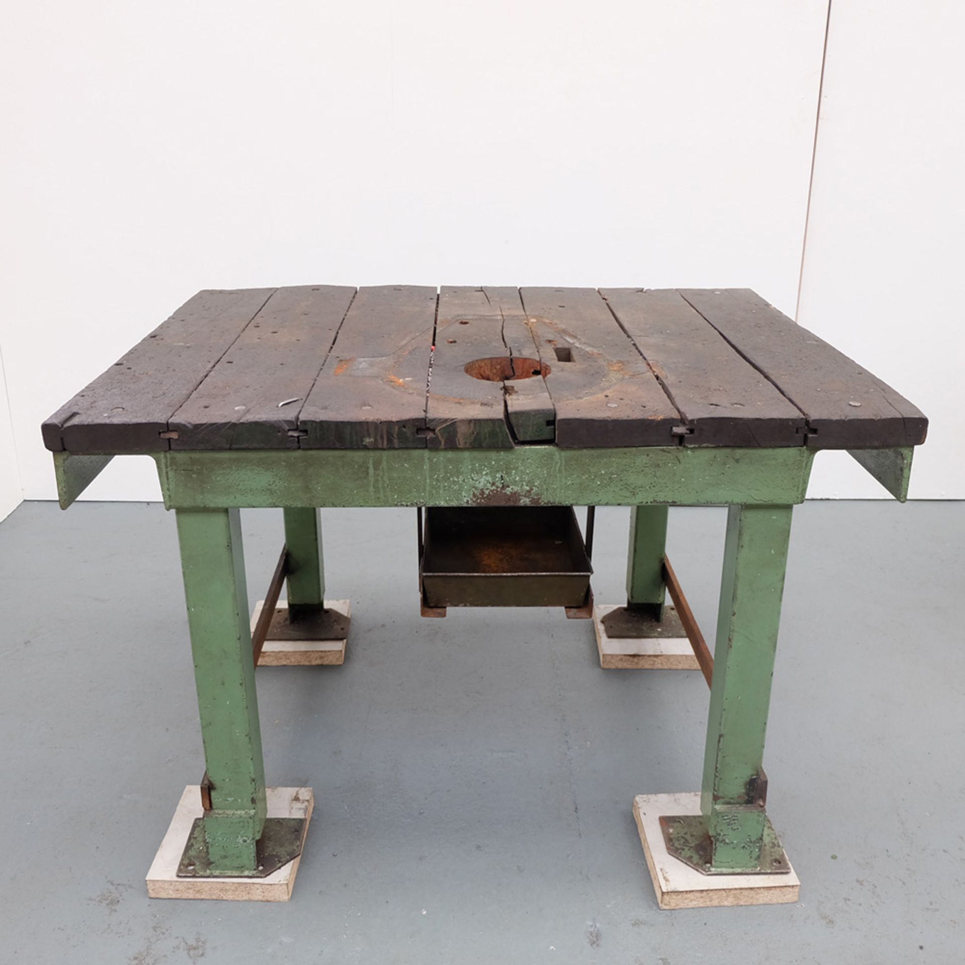 Timber Table on Cast Iron Stand. Size 48" x 36". Work Height 32". Hole in Table 5".