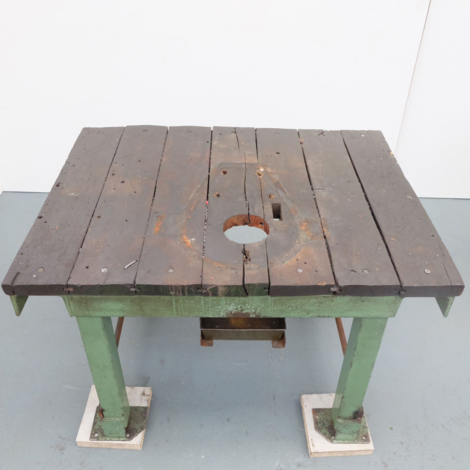 Timber Table on Cast Iron Stand. Size 48" x 36". Work Height 32". Hole in Table 5". - Image 3 of 6