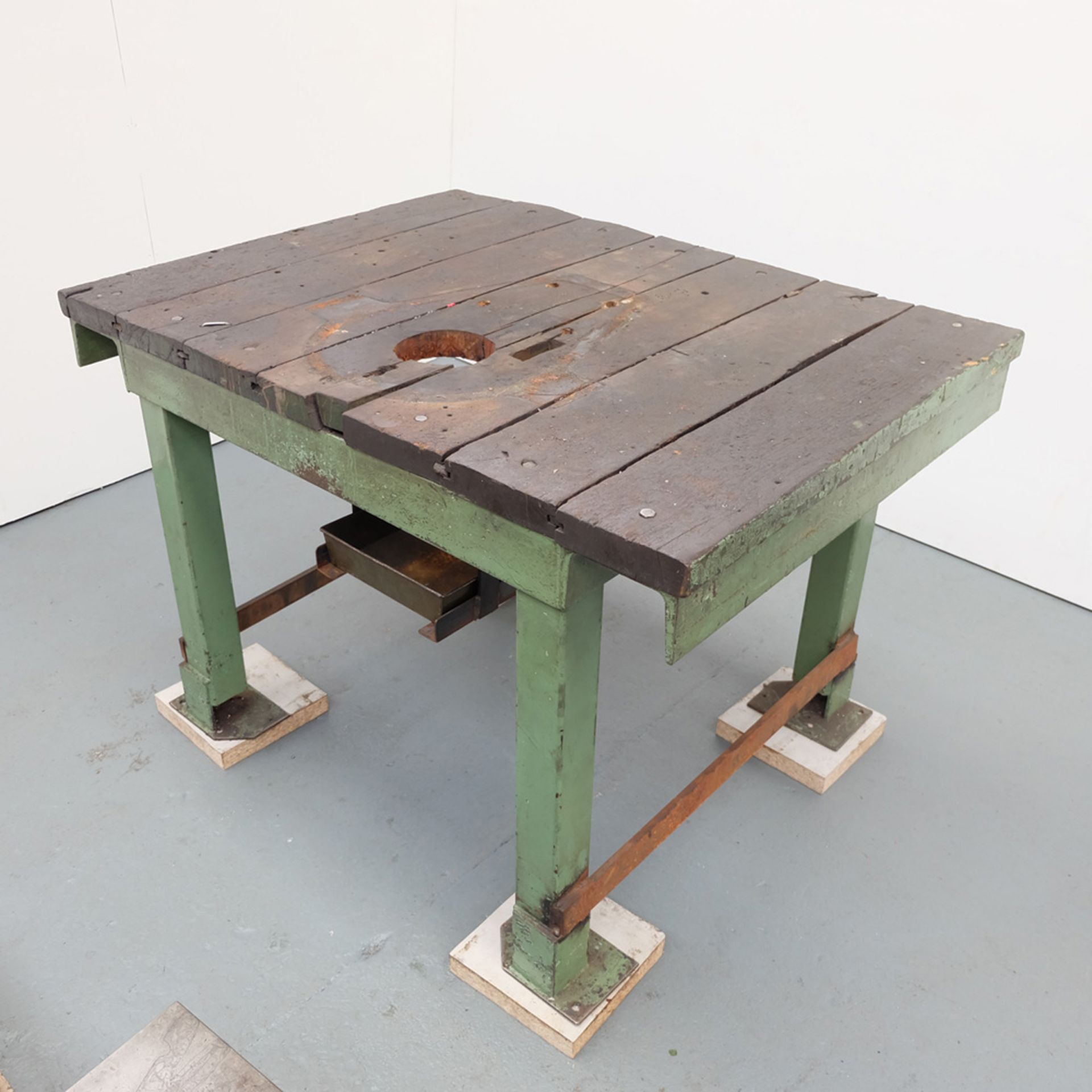 Timber Table on Cast Iron Stand. Size 48" x 36". Work Height 32". Hole in Table 5". - Image 2 of 6