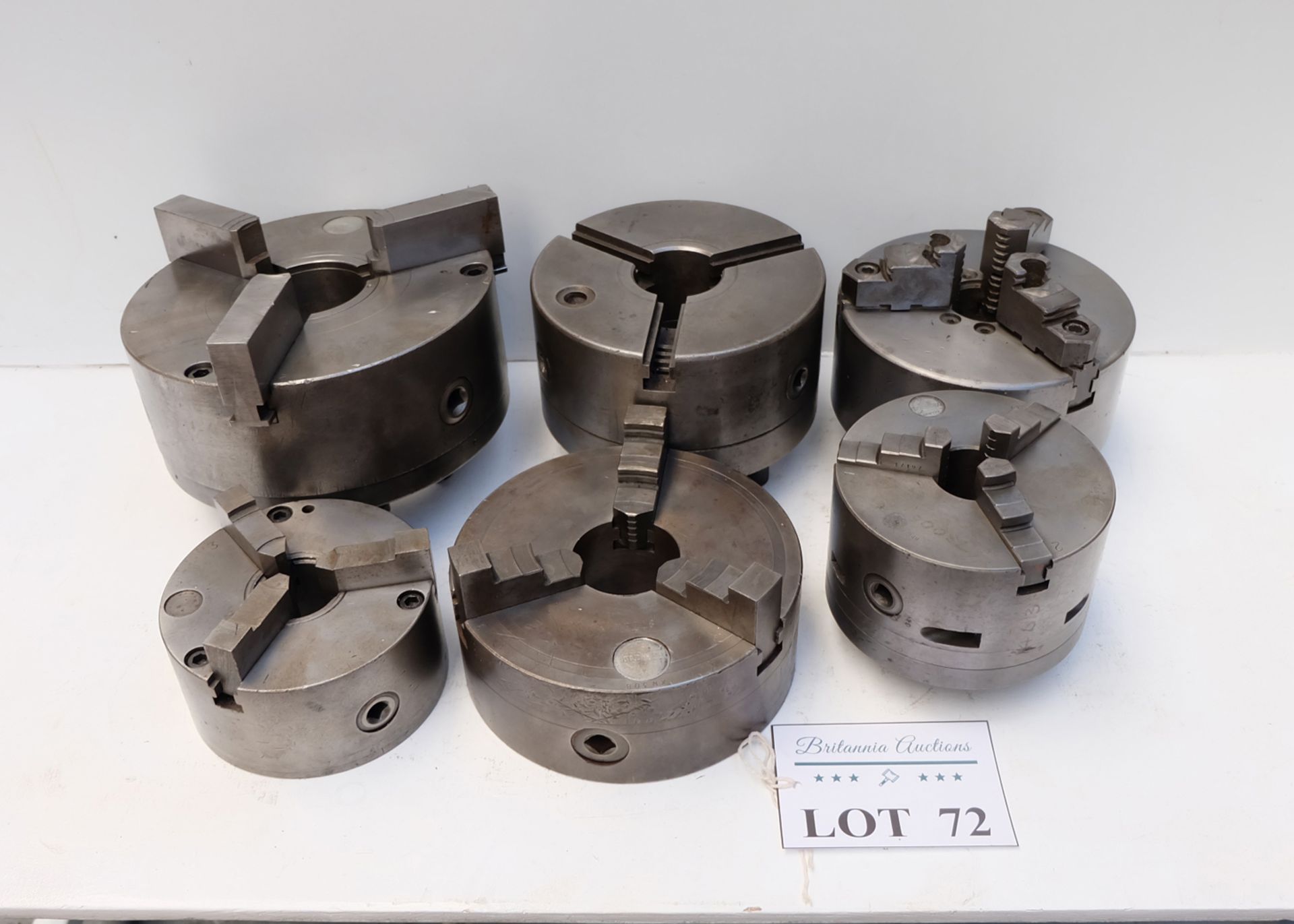 6 x 3 Jaw Chucks. Approx Diameters 160mm, 160mm, 200mm, 200mm, 250mm & 8 1/4".