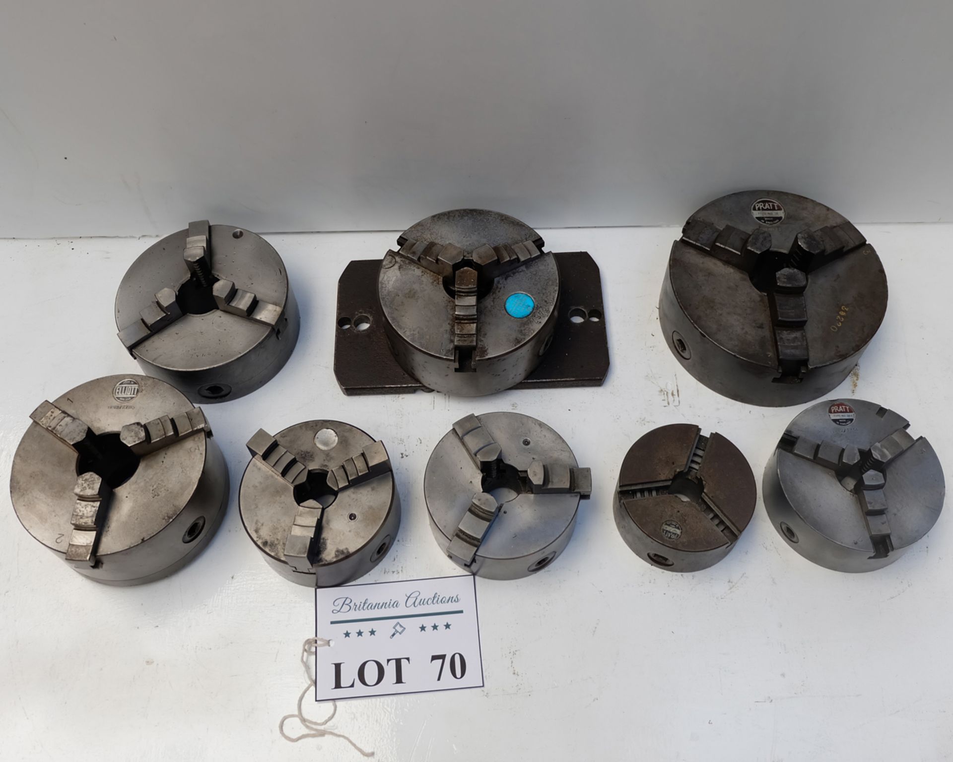 8 x 3 Jaw Chucks. Approx Diameters 4 1/4", 5", 5", 6", 6", 6 1/4", 7 1/2" & 130mm. - Image 2 of 7