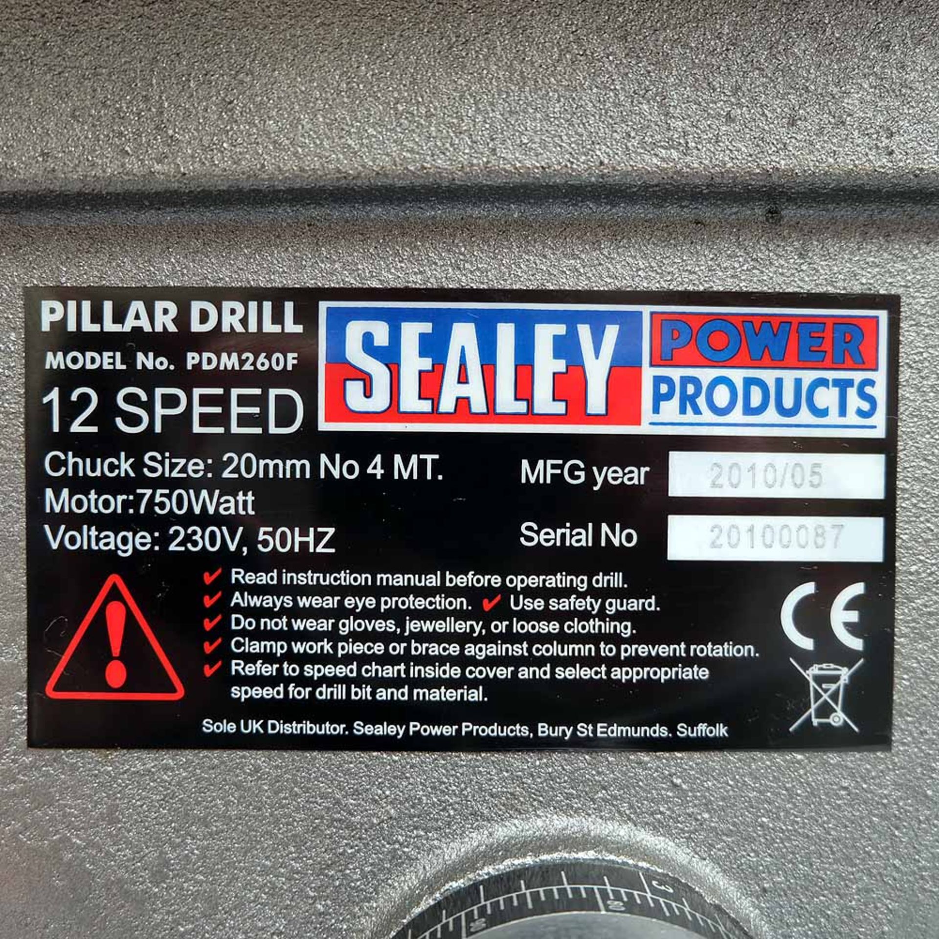 Sealey Model PDM260F 12 Speed Pillar Drill. Spindle Taper No.4 Morse. Capacity 20mm. Spindle Speeds - Image 6 of 8