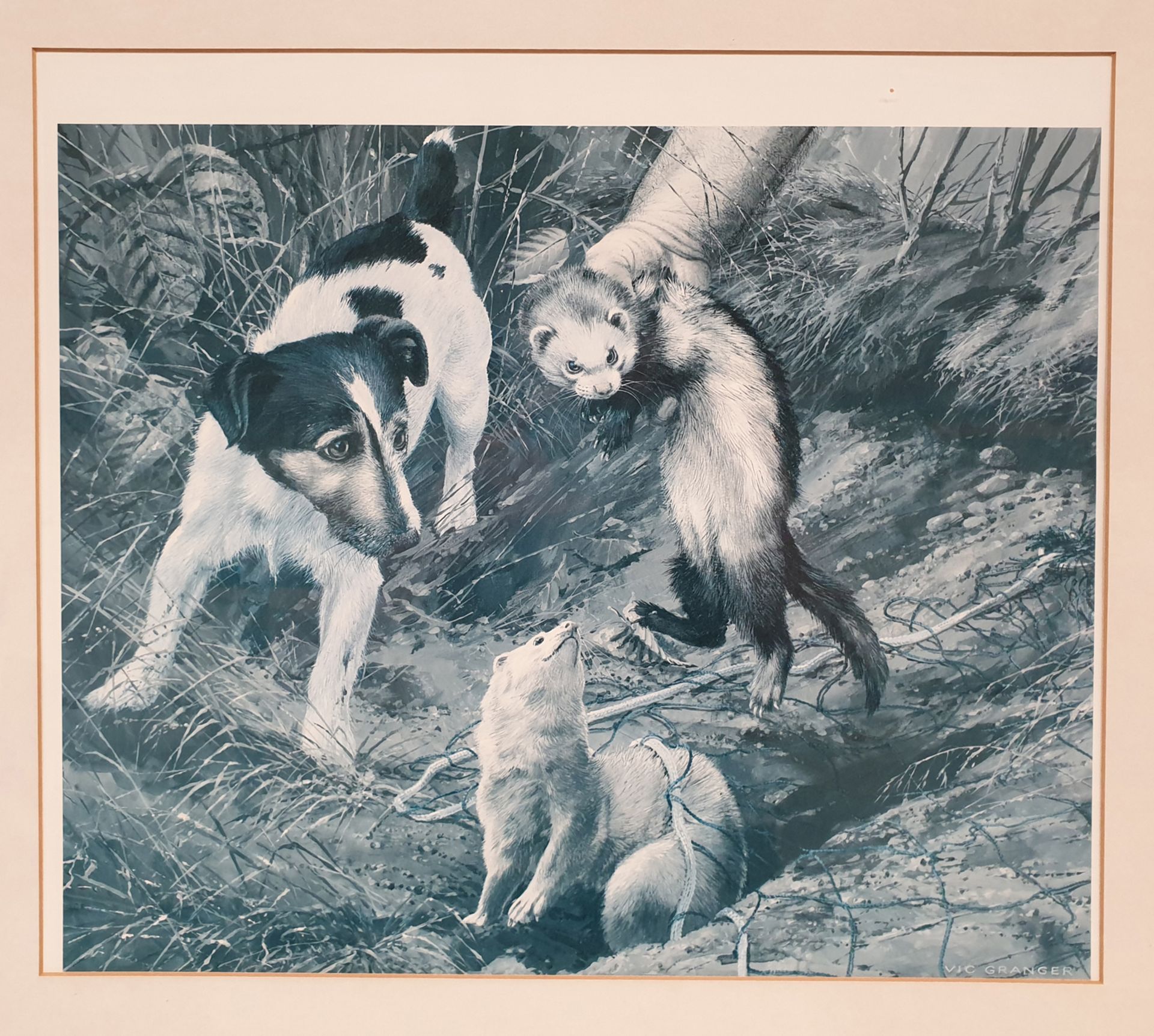 Dog & Ferrets Framed Picture by Vic Granger. Approx Dimensions 22 3/4" x 20 1/2". - Image 2 of 5